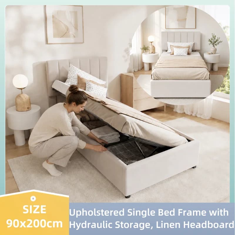 90x200 cm Upholstered Single Bed Frame with Hydraulic Storage, Linen Headboard, Teen Bed, Children's Bed, Wooden Slatted Base, Mattress Not Included