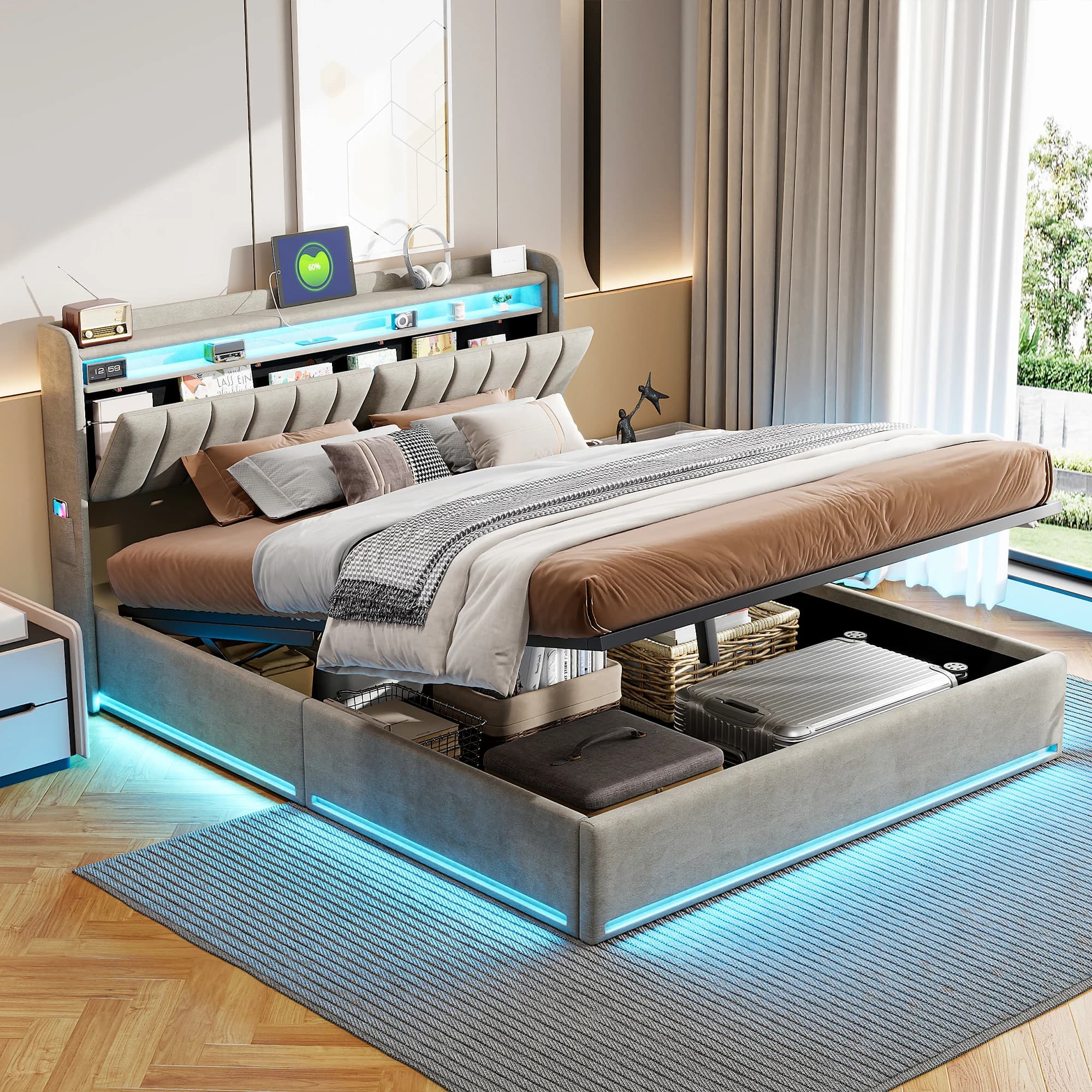 Rosahqnda Double Bed LED Lighting Headboard USB Connectors Storage Compartment Storage bed Guest bed Youth bed Velvet Fabric