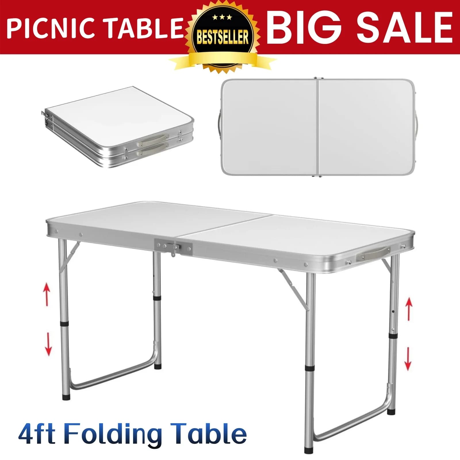 4FT Folding Table Fold Up Picnic Tables, Camping Garden Party Trestle Dinner Table, 120x60cm - 3 Height Adjustable 70/62/55cm, with Carrying Handle,