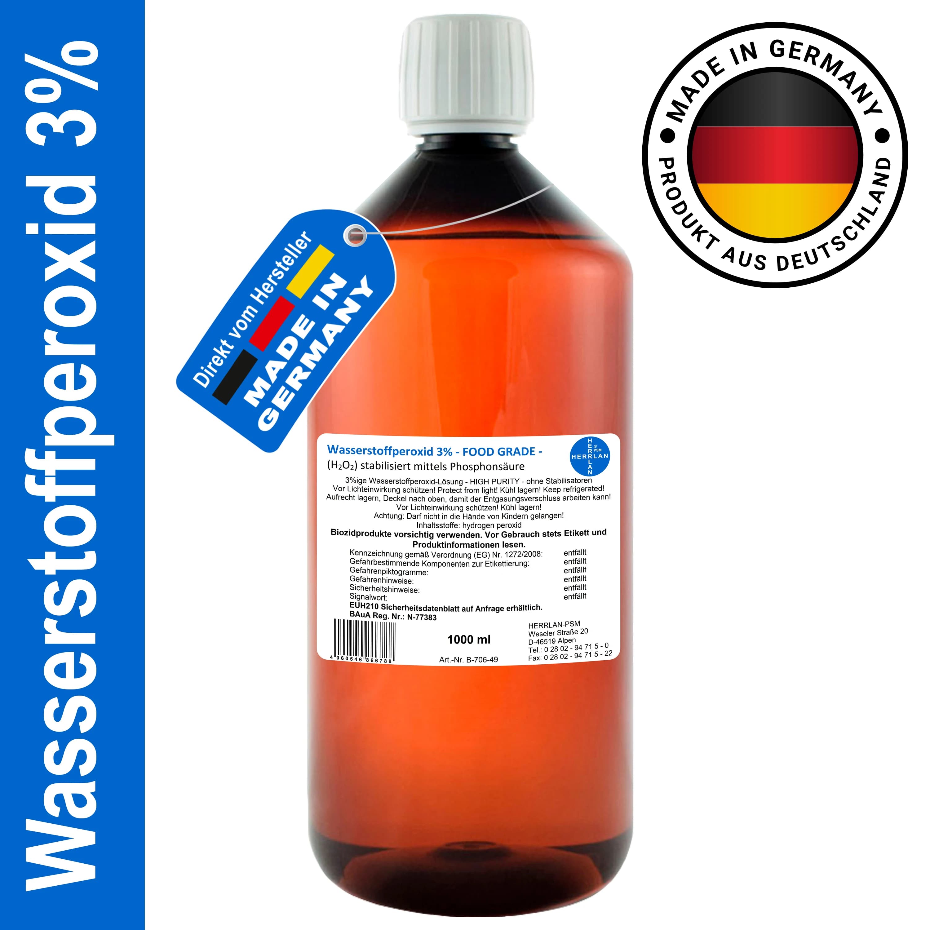 Hydrogen Peroxide 3% FOOD GRADE I 1 Litre to 10 Litre I MHD 12 Months I Stabilized I Herrlan I Made in Germany