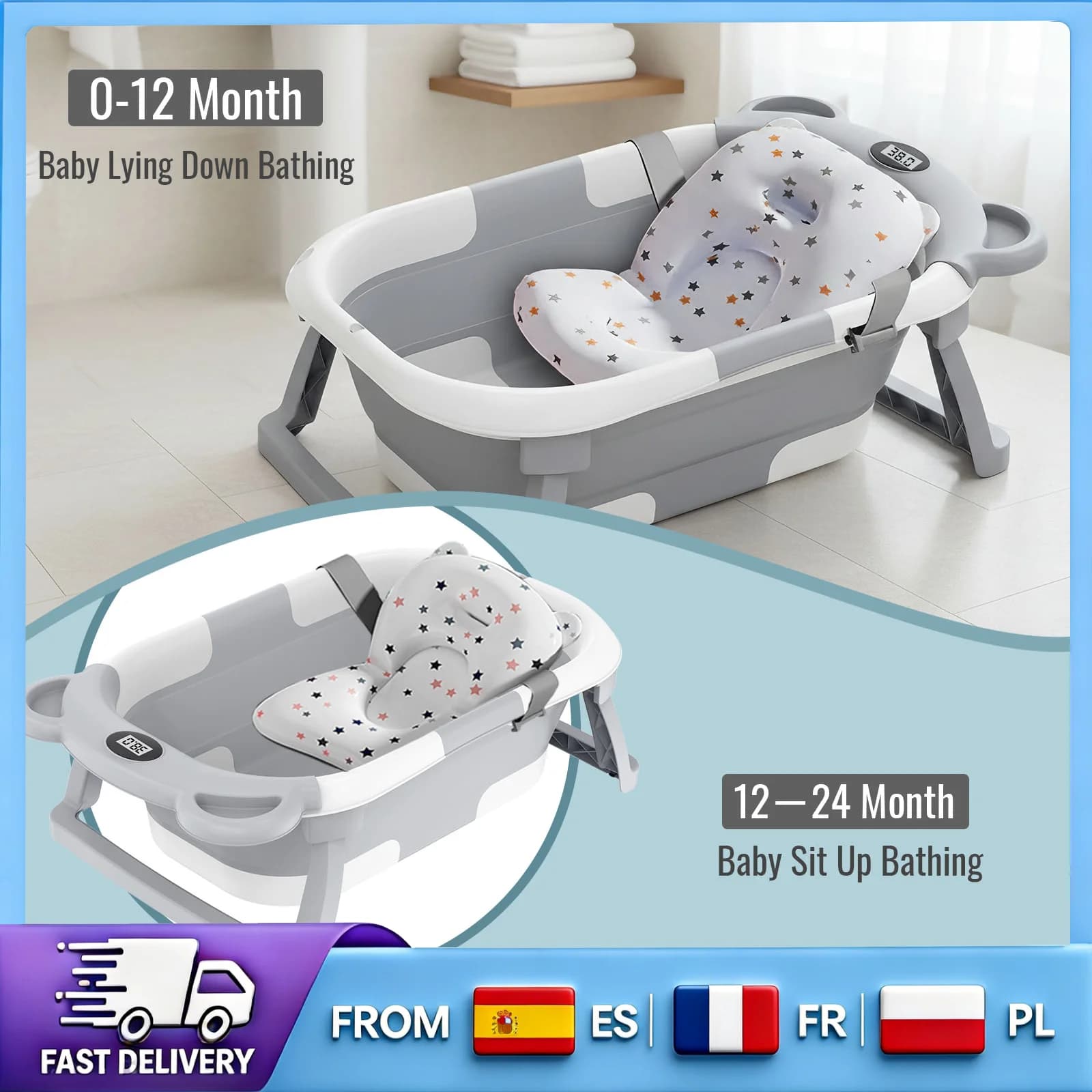 Foldable Baby Bathtub with Built-in Thermometer PP TPE Safe Material Non-Slip Infant Bath Tub for Home Travel