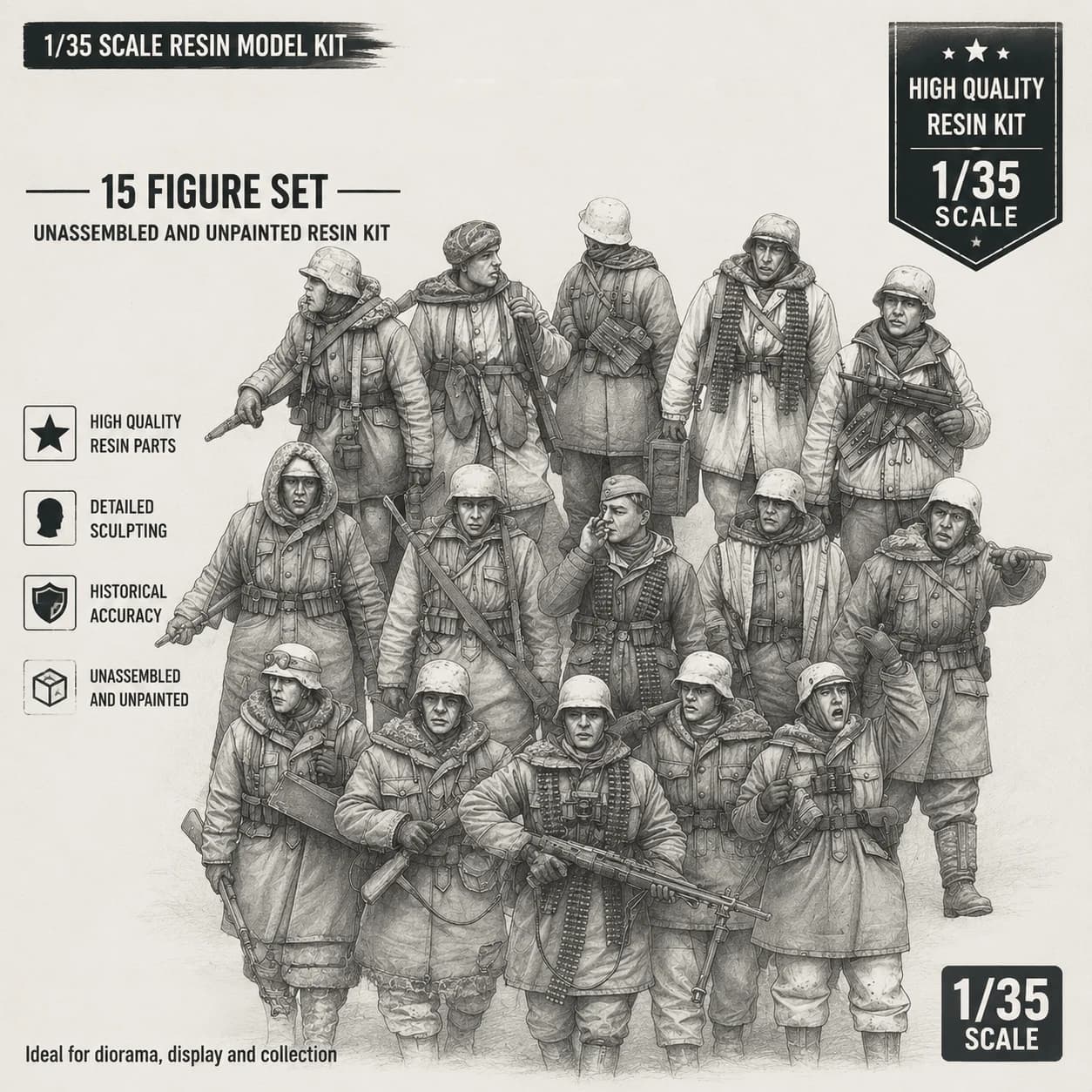 1:35 Casting Resin Model Grey Set Winter 15 Person Set Model Requires Assembly Unpainted