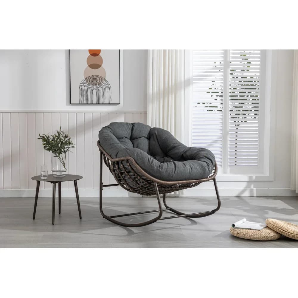 Thick Cushion Patio Oversized Wicker Egg Rocking Chair Indoor Outdoor Comfy Lounge for Balcony Porch Garden Backyard
