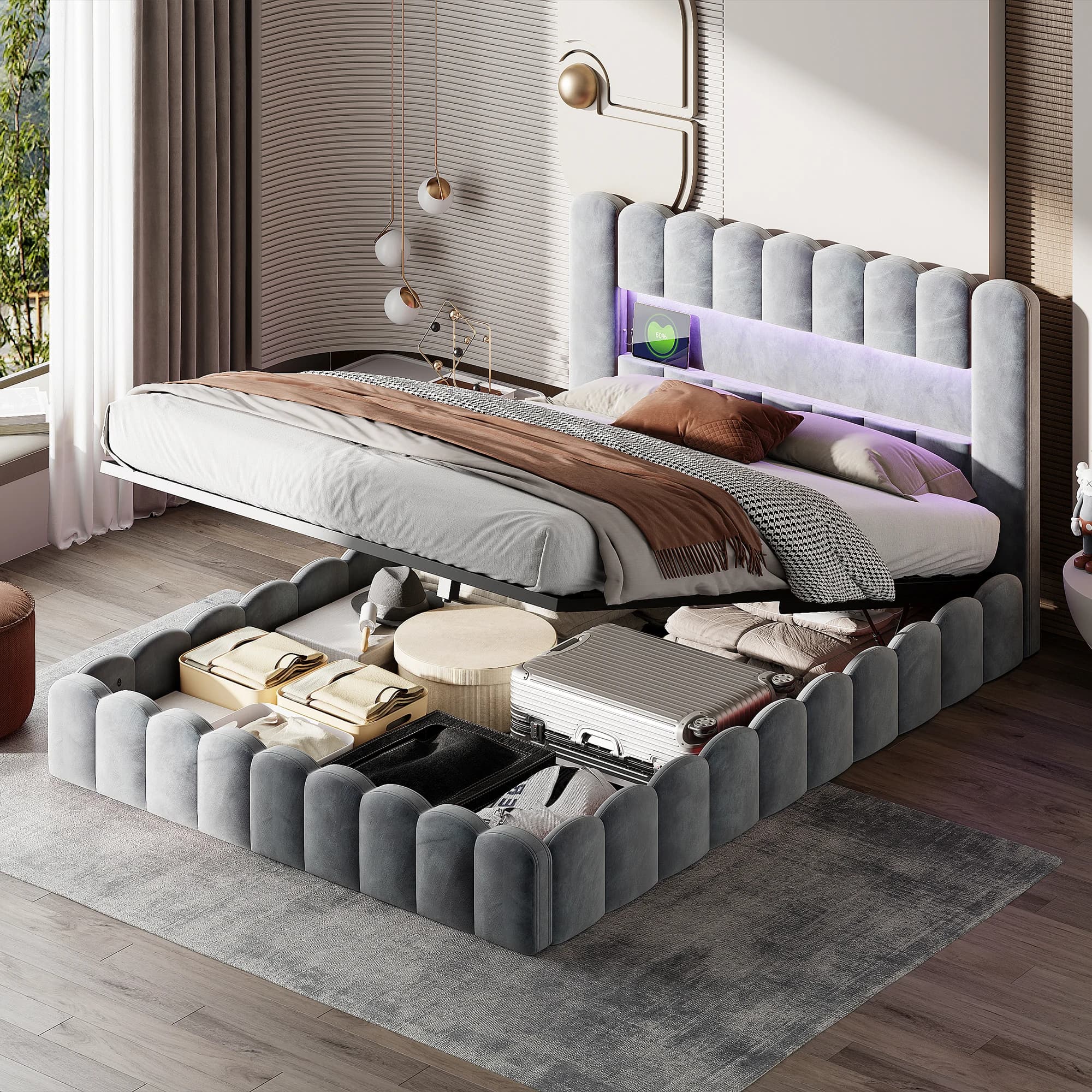 ROSAHQNDA Upholstered Bed, 140/160/180 x 200 cm, Hydraulic Storage Bed, Modern Double Bed with USB and LED Light, without Mattress (Shipped in 2