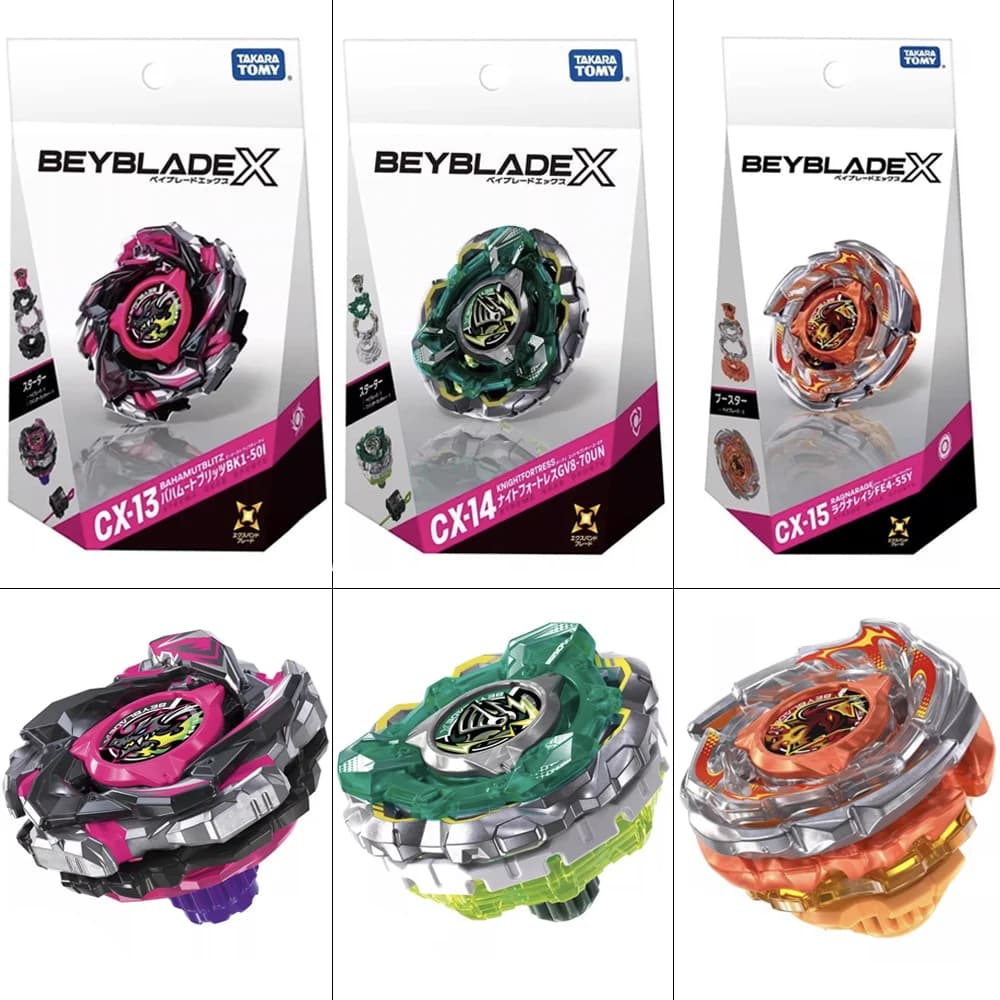 Takara Tomy Bey X CX-13 Starter Bahamut Blitz BK1-50I CX-14 Knight Fortress GV8-70UN CX-15 Booster Ragna Rage FE4-55Y Blade