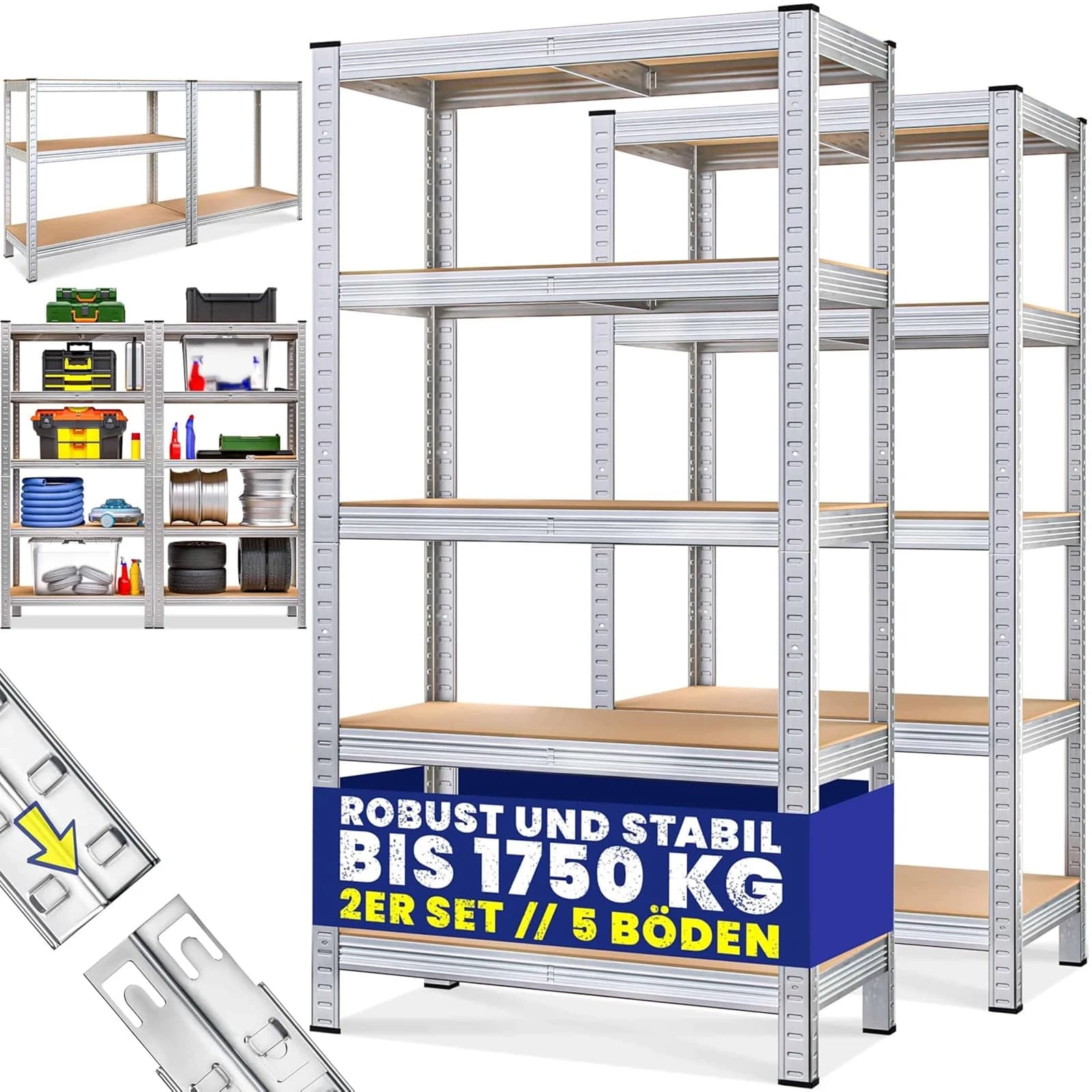 2 PCs heavy load shelf set 180x90x40cm, 875 kg load load, 175 kg per level, 5 floors shelf and workbench, basement shelf, 5 steps storage rack, Silver