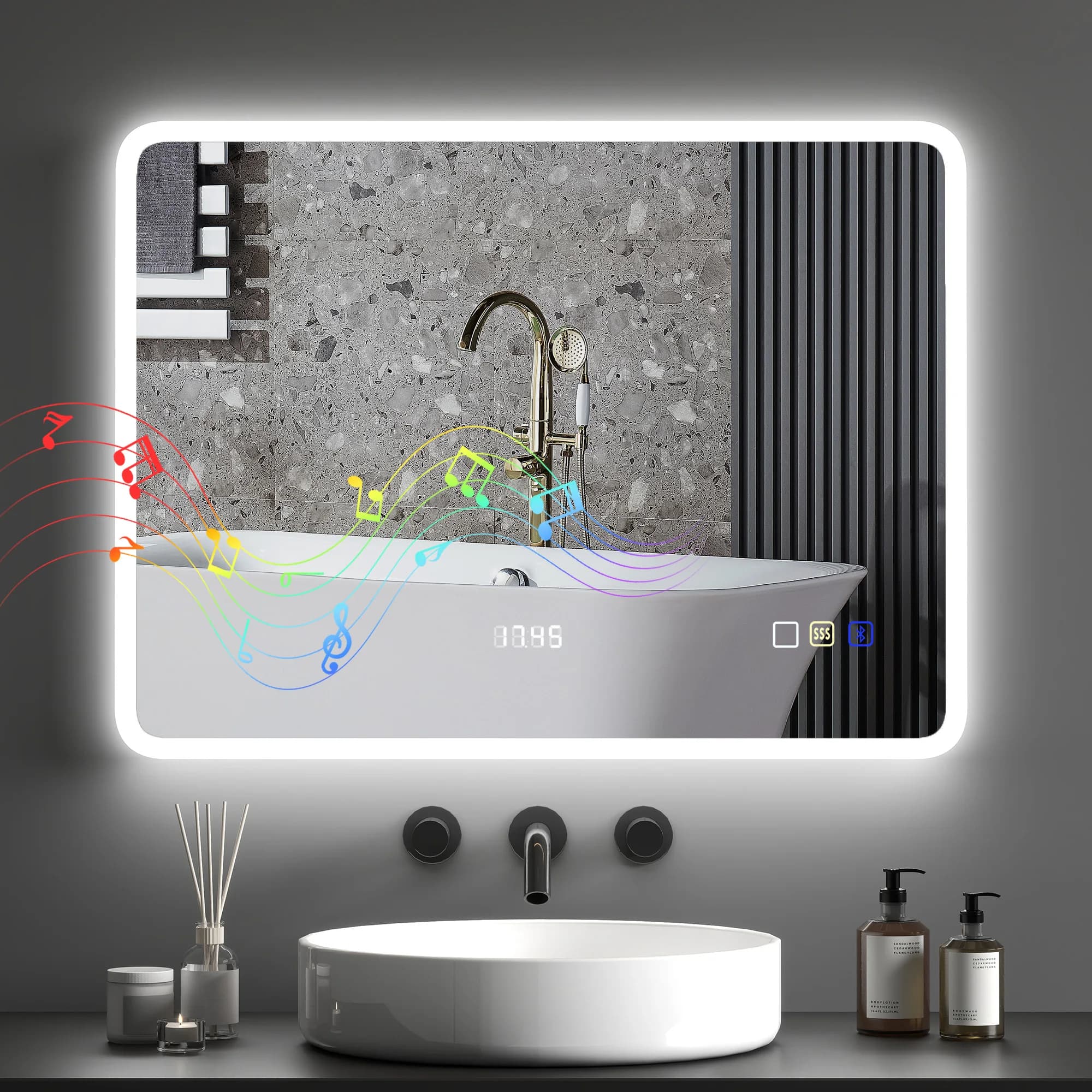 Bathroom Mirror with Led Light with Bluetooth 3 Light Colors Anti-Fog Function Memory Function Ip44
