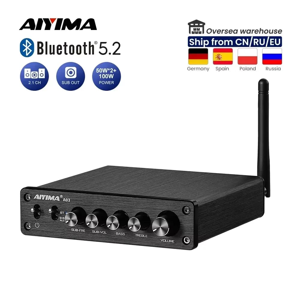 AIYIMA A03 TPA3116 Subwoofer Bluetooth Amplifier HiFi TPA3116D2 2.1 Digital Audio Power Amplifiers 50Wx2+100W Sound Amplificador