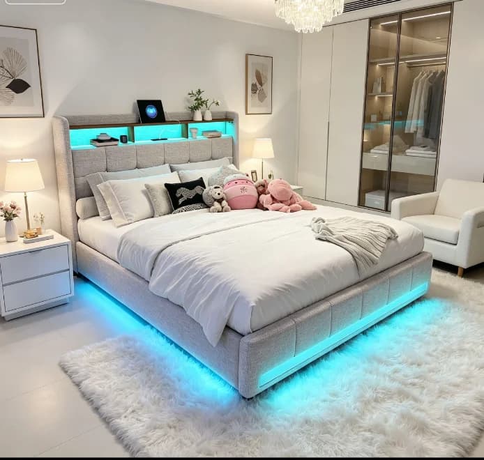 Upholstered Bed 180 x 200 cm, LED Double Bed with 4 Drawers and Slatted Frame, Headboard with Storage Space and USB, Bed Functional Bed, Storage Beds,