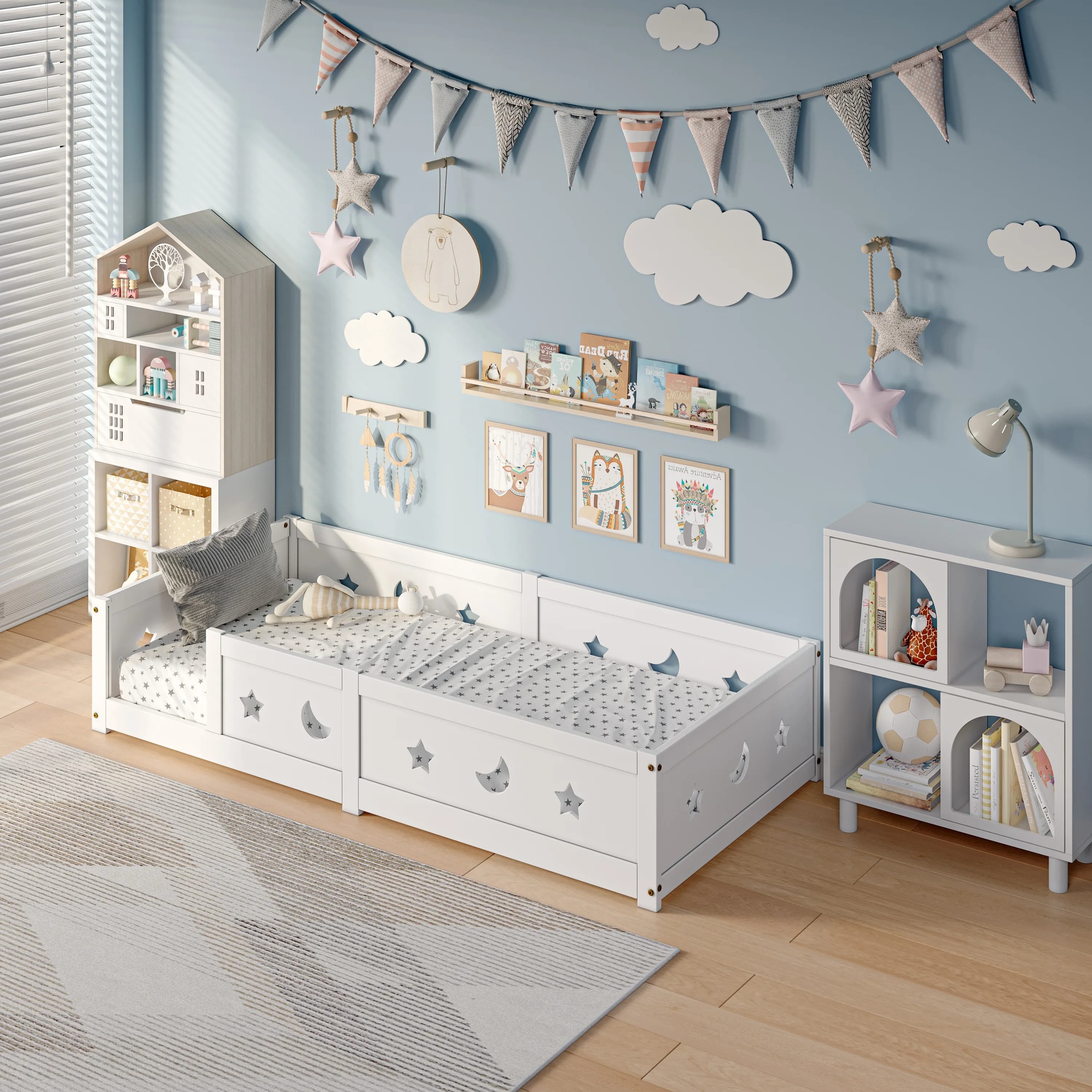 RosahqndaKids Children's Bed Solid Montessori Wooden Floor Bed with Fall Protection - Safe Toddler Bed - Scandinavian Design