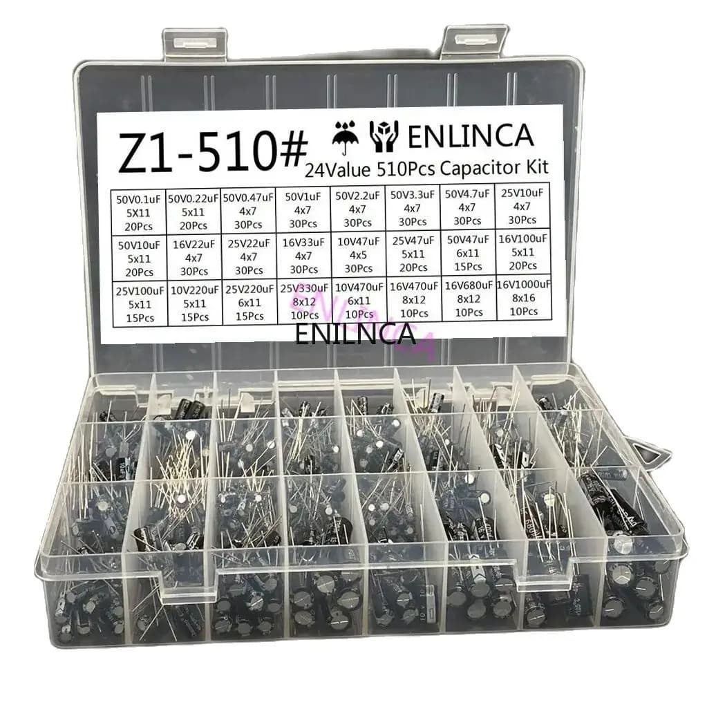 510Pcs/lot 0.1UF-1000UF 24Values Aluminum Electrolytic Capacitors 16-50V mix Electrolytic capacitor Assorted kit and storage box