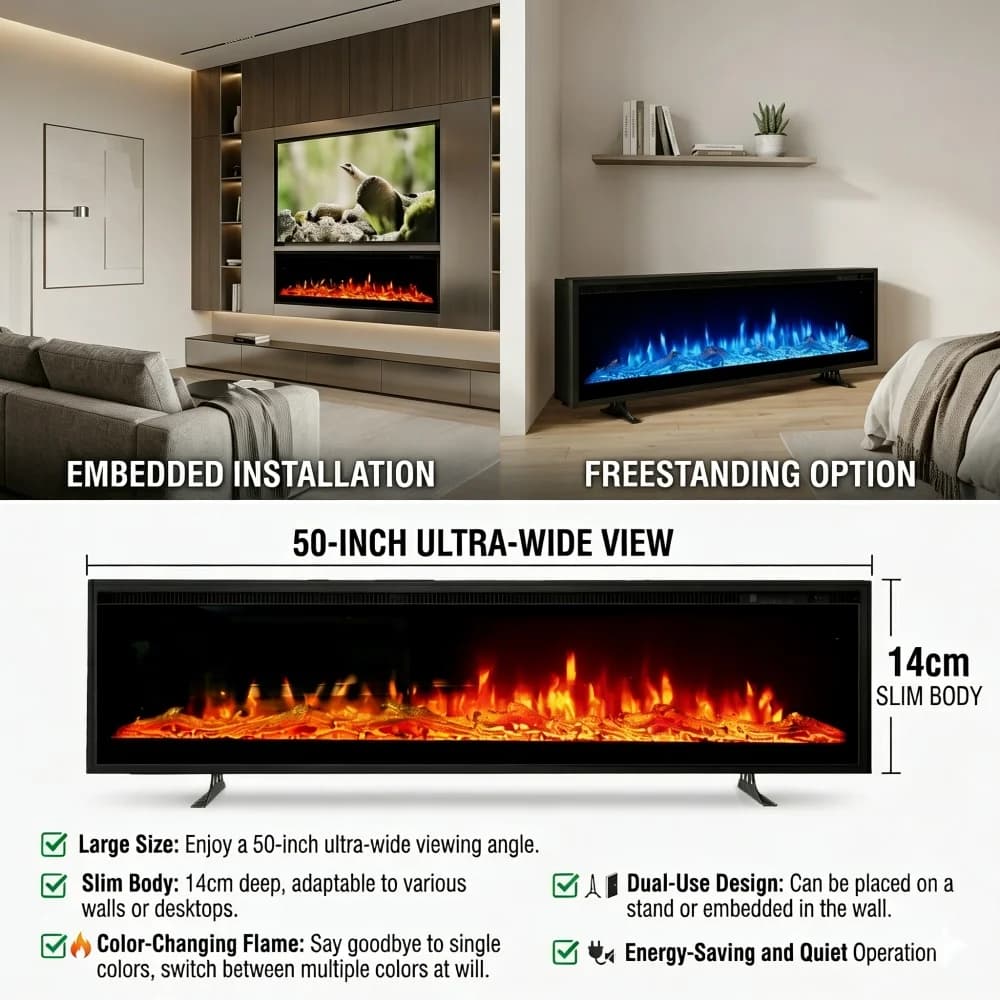 KARSKI® Electric Fireplace LED Flame Wall Fireplace 1800W Electric Fireplaces Remote Control 9-colors 50-inch