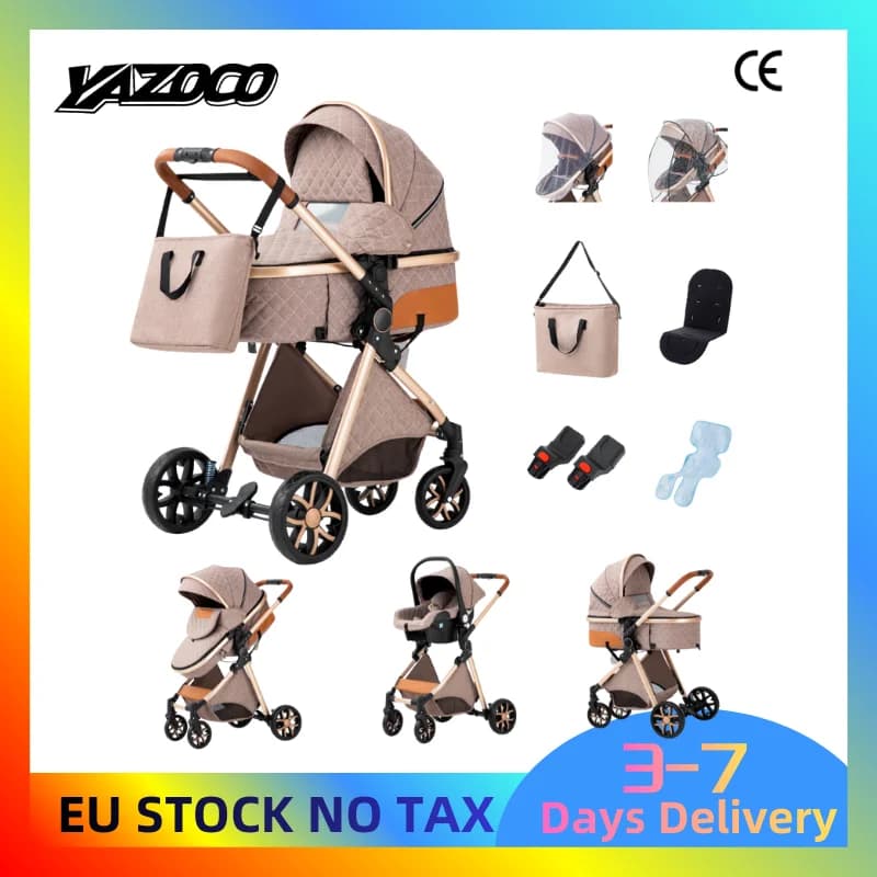 3-in-1 Pram Travel System, Shock-Absorption Baby Pram for 0-4 Years Up to 22kg, Foldable Compact Reclining Pushchair with Nurser