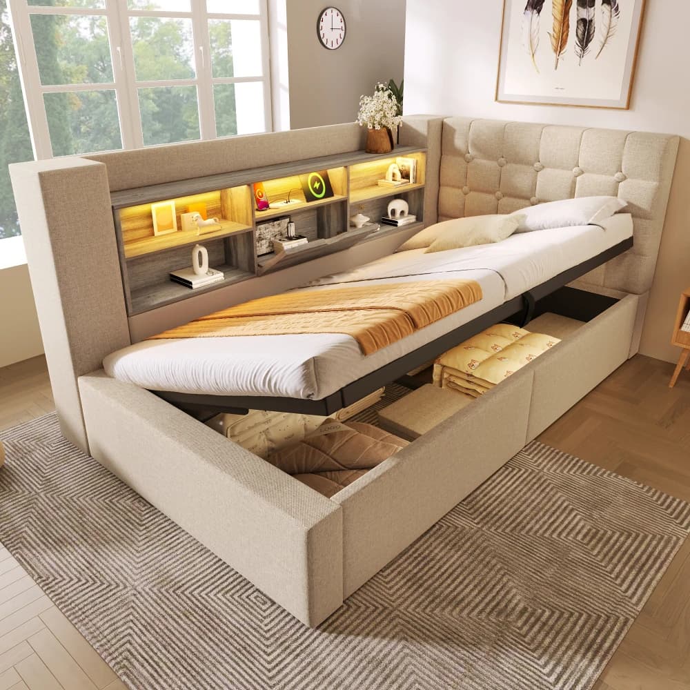 Upholstered Bed with LED Lighting, Hydraulic Storage Room, L-shaped Head, Mountable on Both Sides, Slate Grille, No Mattress