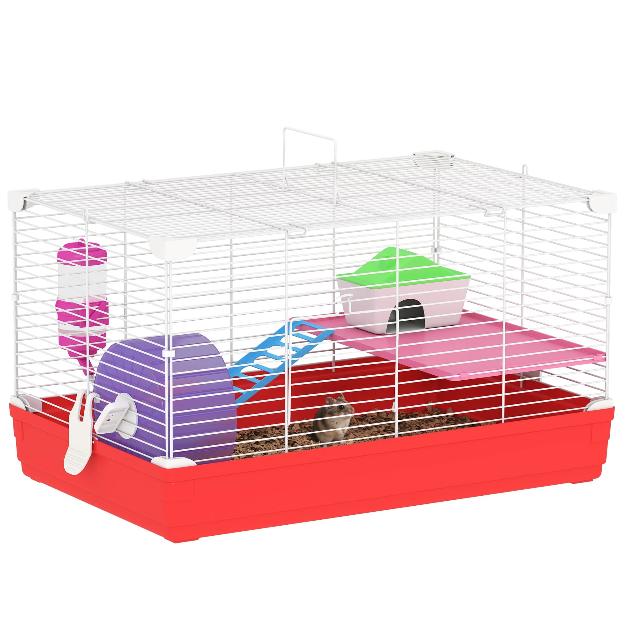 Pawhut Hamster Cage Rodent House with Exercise Wheel Bowl Waterer House Ramps for Gerbils 47X30X27 cm