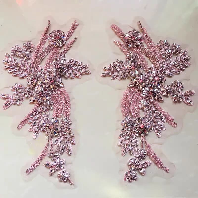 Beaded floral appliqués, hand-sewn rhinestone symmetrical floral patterns, garment accessories, fabric patches