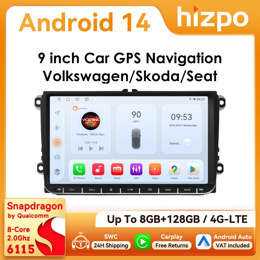 Hizpo 9inch CarPlay Android Auto Car Radio for VW Volkswagen Golf Passat B6 B7 Skoda Seat Octavia Polo Tiguan RDS DSP GPS BT 4G