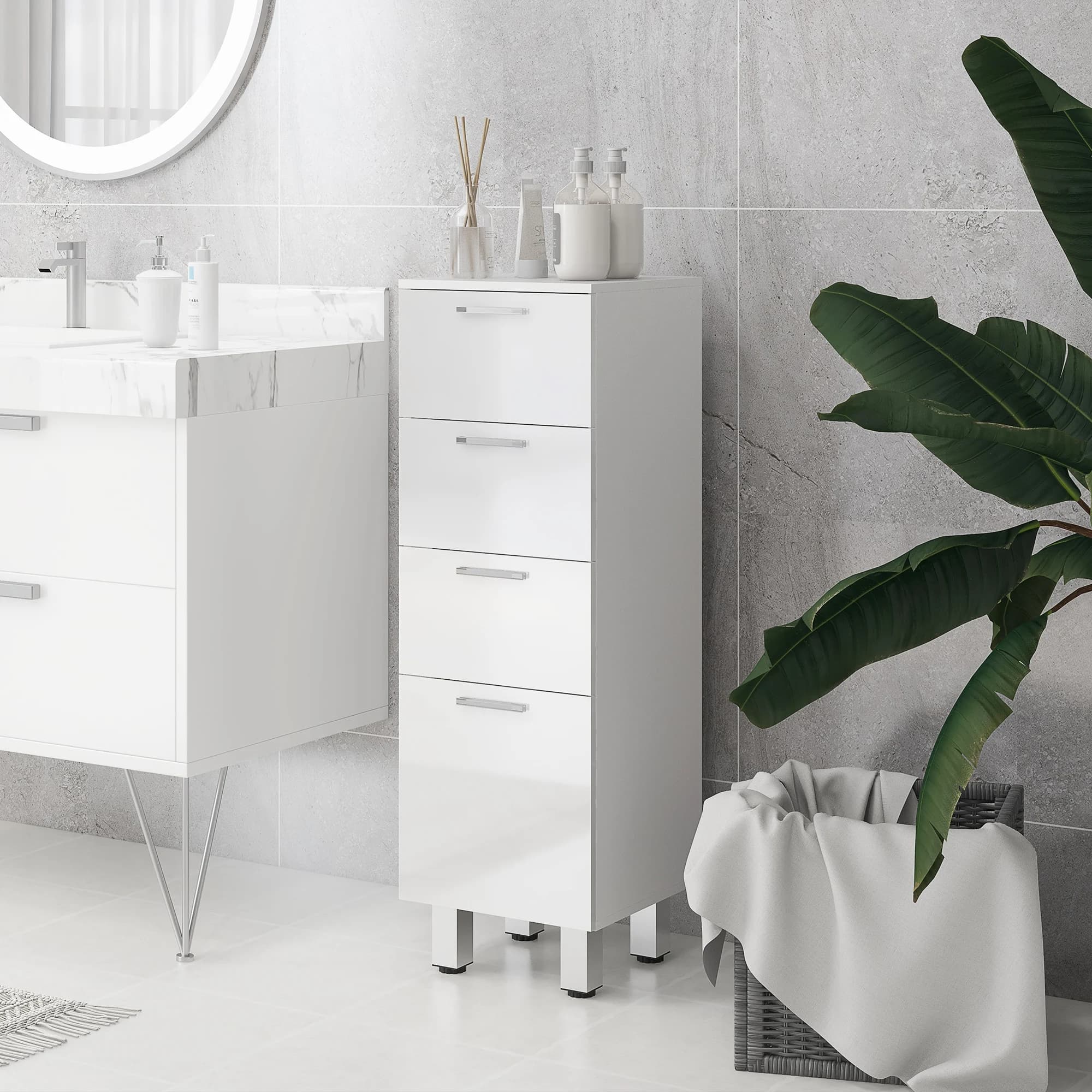 Kleankin bathroom auxiliary furniture with 4 drawers and 4 legs 30x30x93 cm White