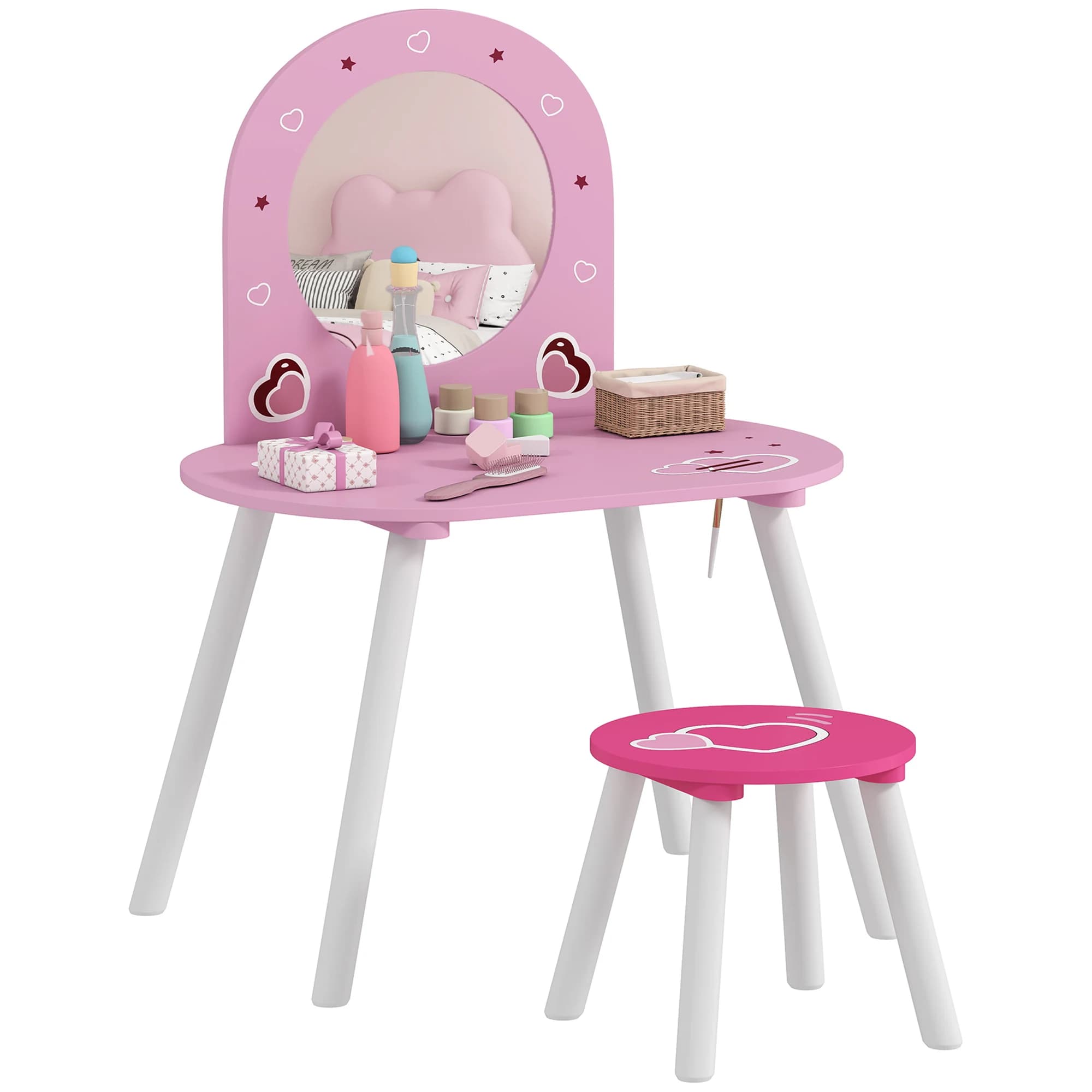 Aiyaplay Children's Dressing Table with Stool and Mirror Dressing Table for Girls with Heart Patterns for Boys and Girls 3-6 Years Old Pink