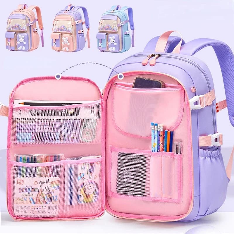 Primary School Schoolbag for Girls Cute Students Backpack Large Capacity Waterproof Side Open Children's School Bags Book Bag
