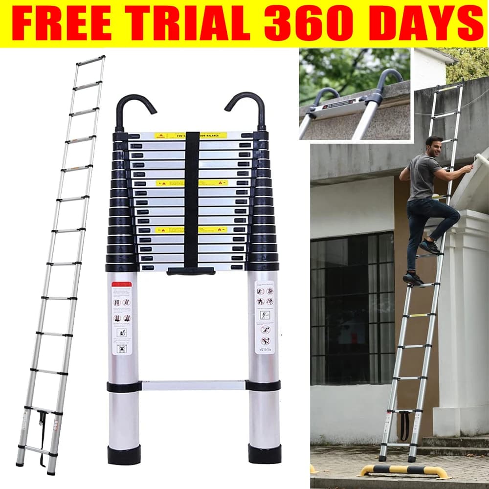 Telescopic Step Ladder 6.2m Aluminium Folding Extension Ladder with Hooks Retractable Steps Multifunctional Ladder, Load 150 kg