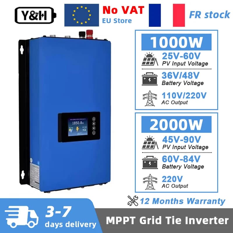 Y&H 1000W 2000W MPPT Grid Tie Inverter with Limiter Sensor DC22-65V/45-90V AC220V for Solar Panel and Battery Support WiFi