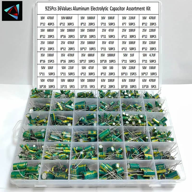 925Pcs 36Values Aluminum Electrolytic Capacitor Assortment Kit Low ESR 1uF 4.7uF 10uF 22uF 47uF 100uF 220uF 330uF 470uF