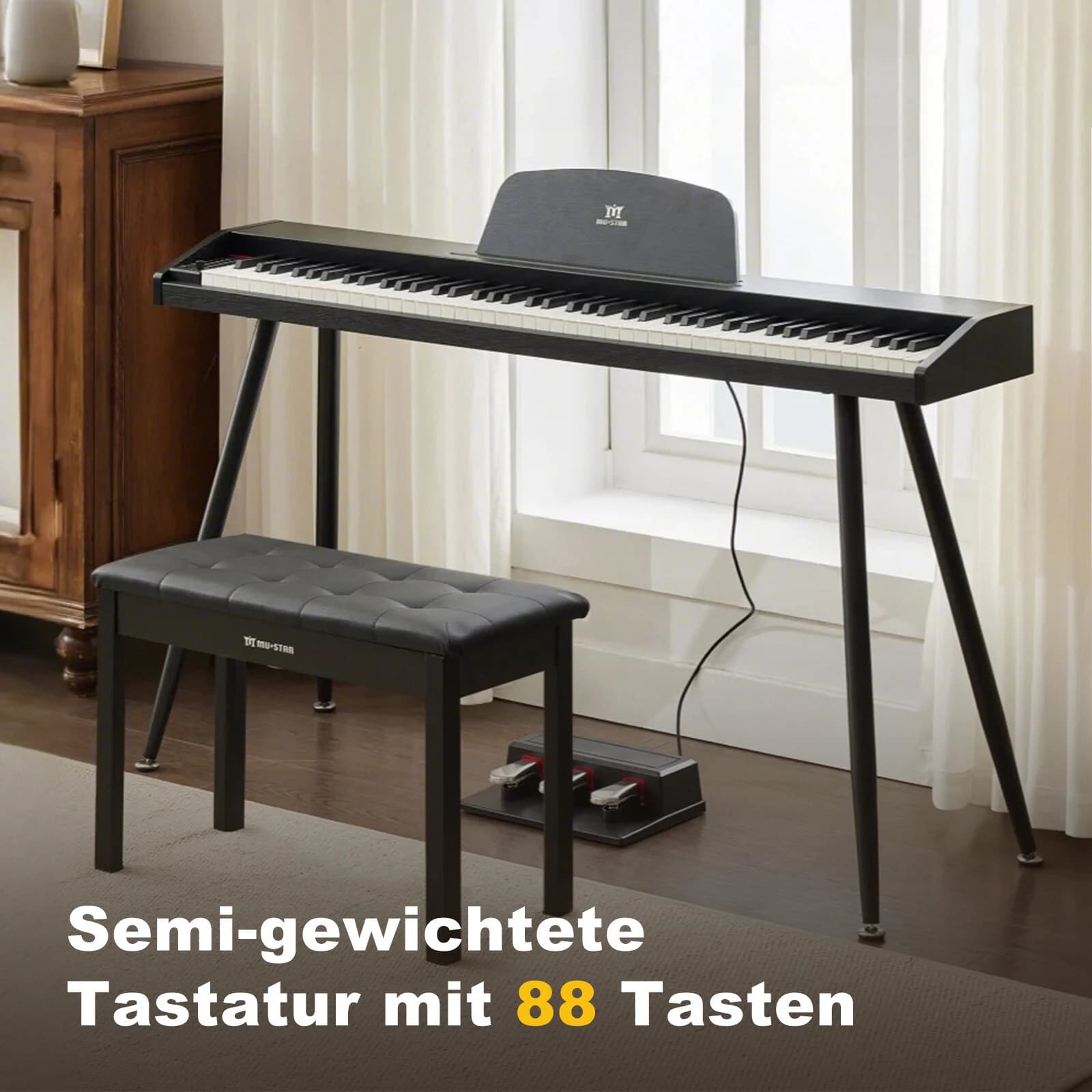 Digital Piano 88 Keys Set, Electric Piano with Hammer mechanics, 3 Pedals, Piano Bench & Stand, MIDI-USB, Black