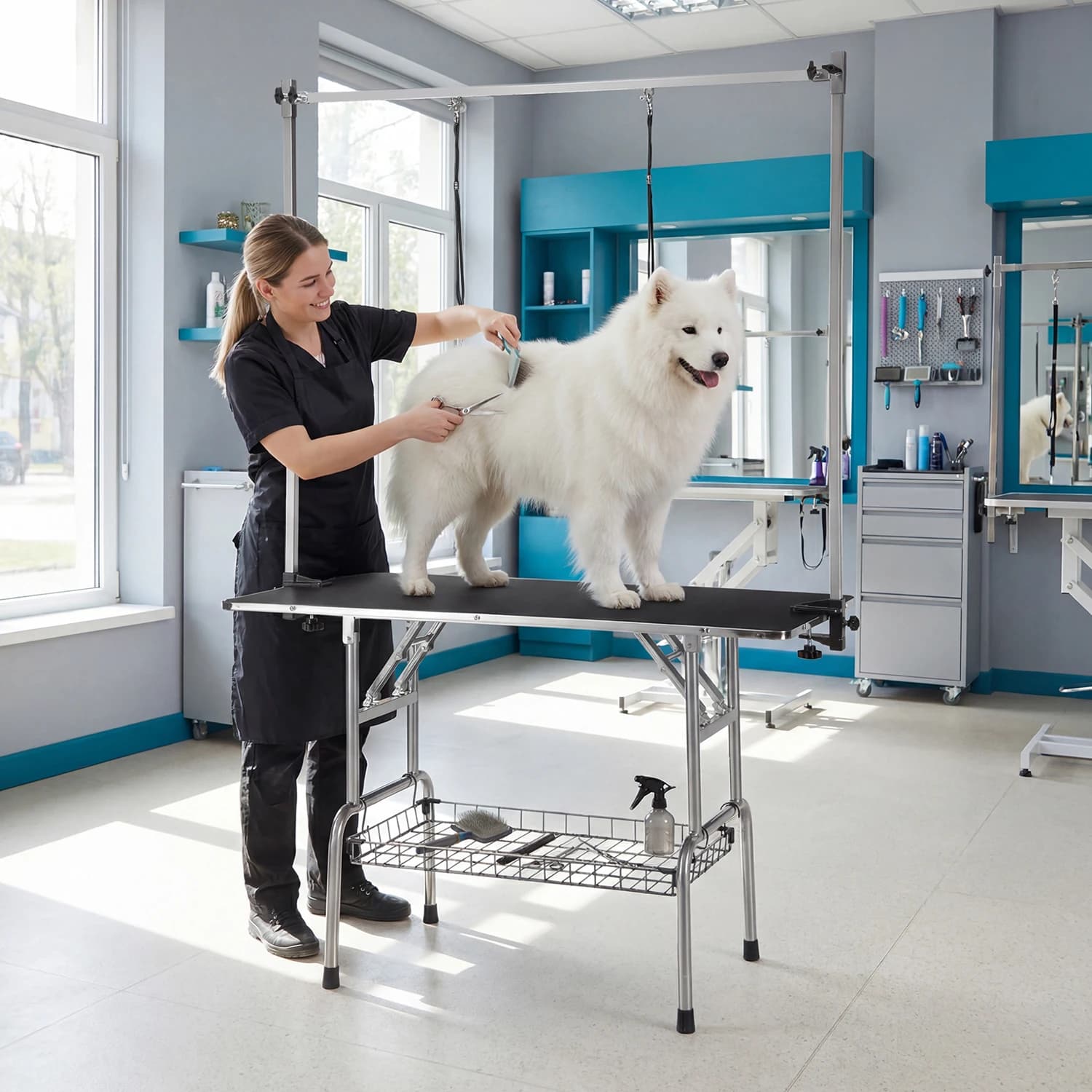 OYAJIA Pet Grooming Table, Height Adjustable, Suitable for Large Dogs/Cats, With Storage Basket/Leash, Height 177-183.5 Cm, Black