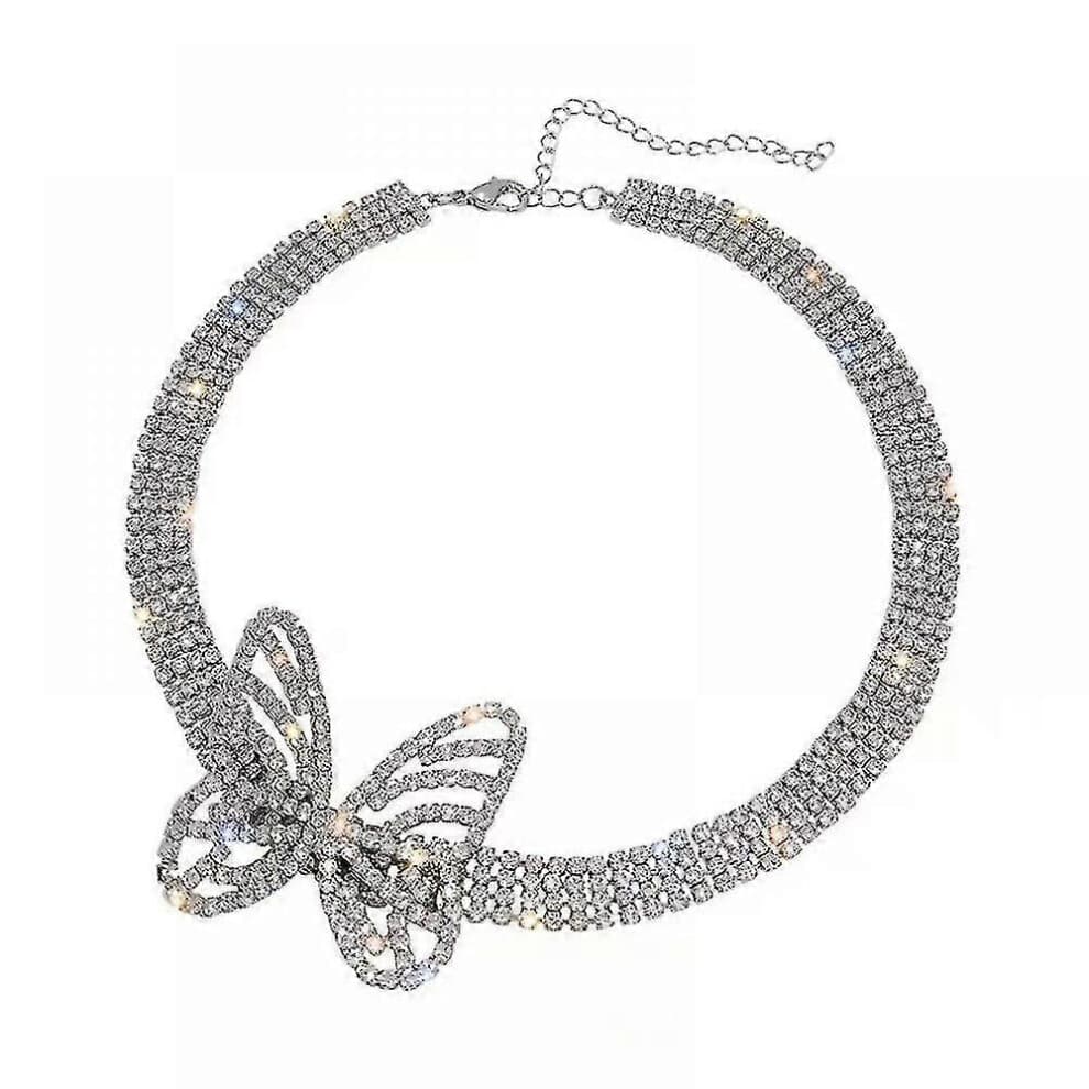 Rhinestone Necklace Women Bow Necklace Bow Necklace Rhinestone Necklace Layered Necklace Falling Necklace Wedding Necklace