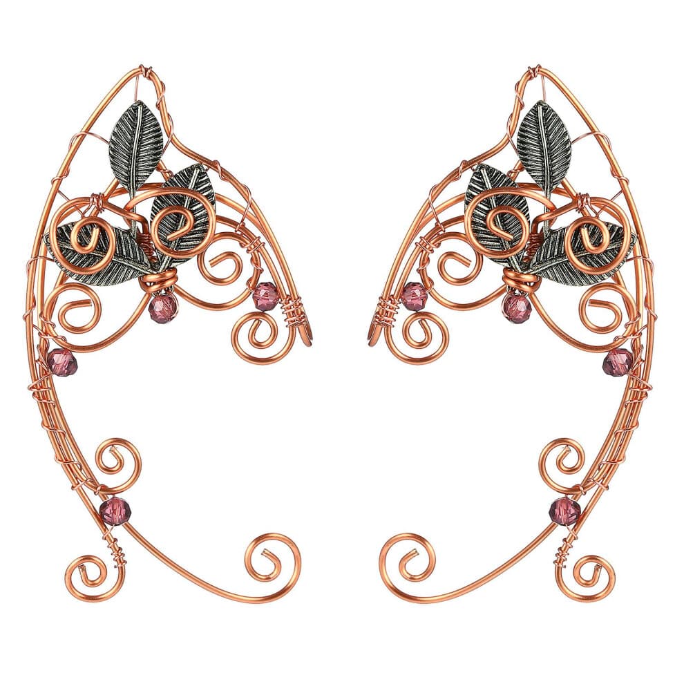 Women's Halloween Elven Clip Earrings - Golden Fairy Crawler Earrings with Leaves and Diamonds