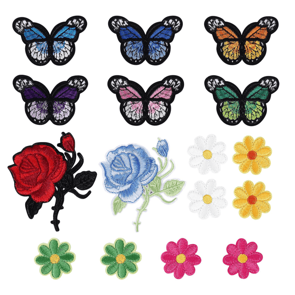 16 Pcs Flowers Butterfly Iron on Patches Embroidery Applique