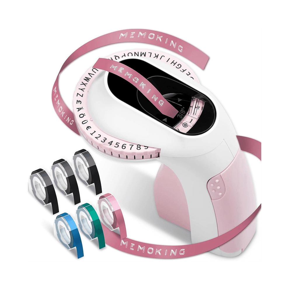 Embossing Label Maker E975 3D Printer Machine with 6 Rolls Emboss Tapes, Handheld Embosser, Pink