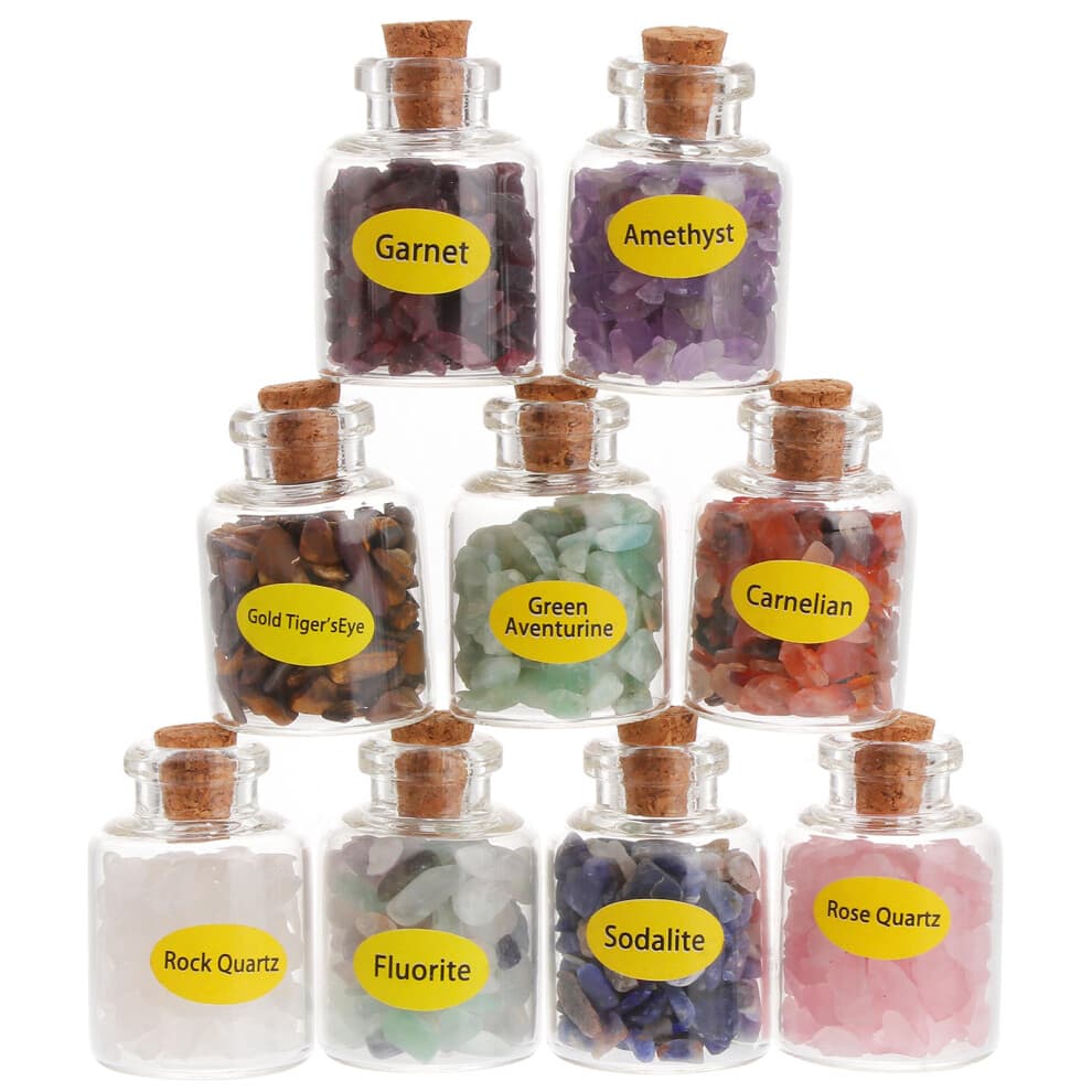 9Pcs Nature Mini Gemstone Bottles Tumbled Stones Chip Wishing Set