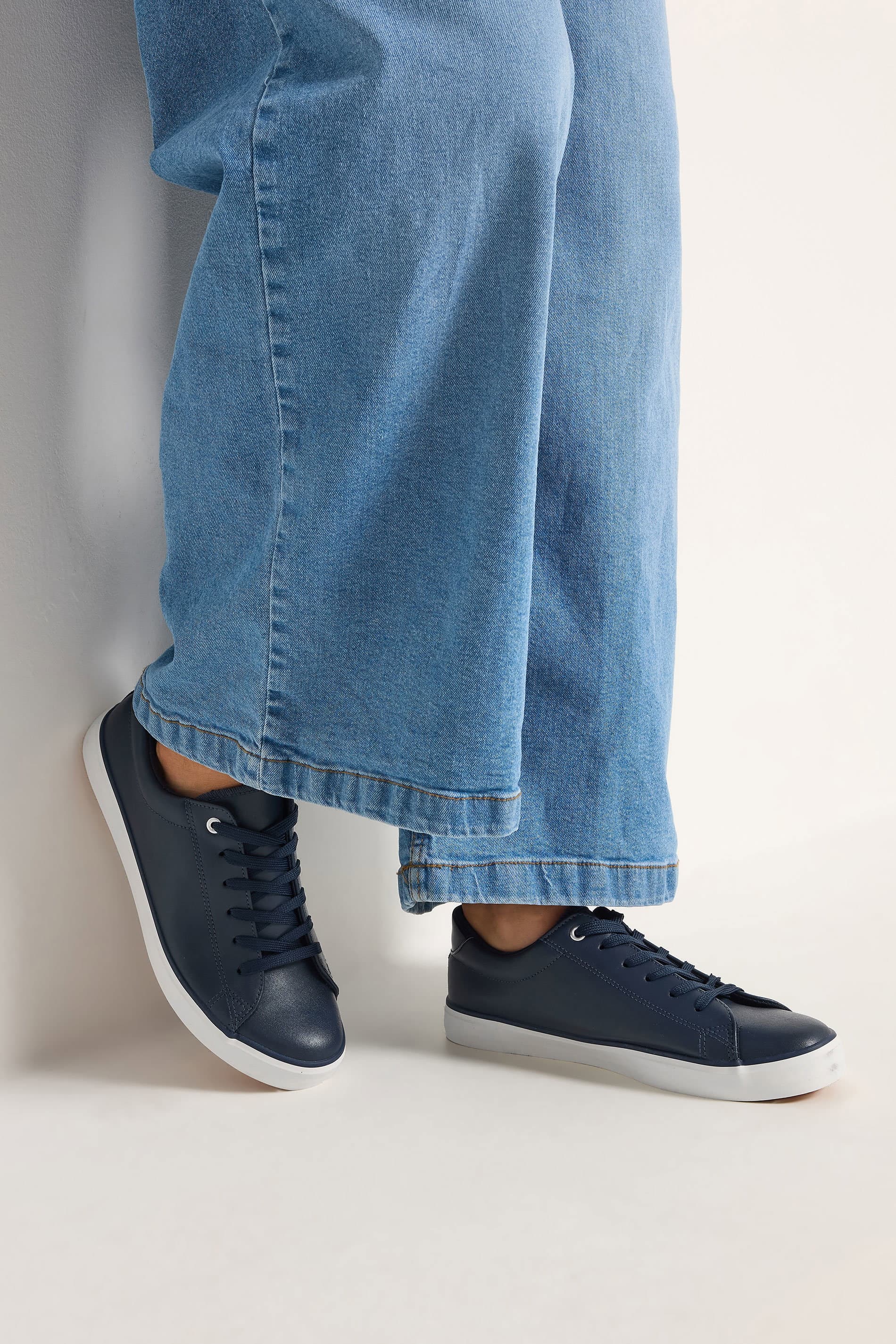 Yours Navy Blue Faux Leather Lace Up Trainers In Extra Wide Eee Fit Size 5EEE