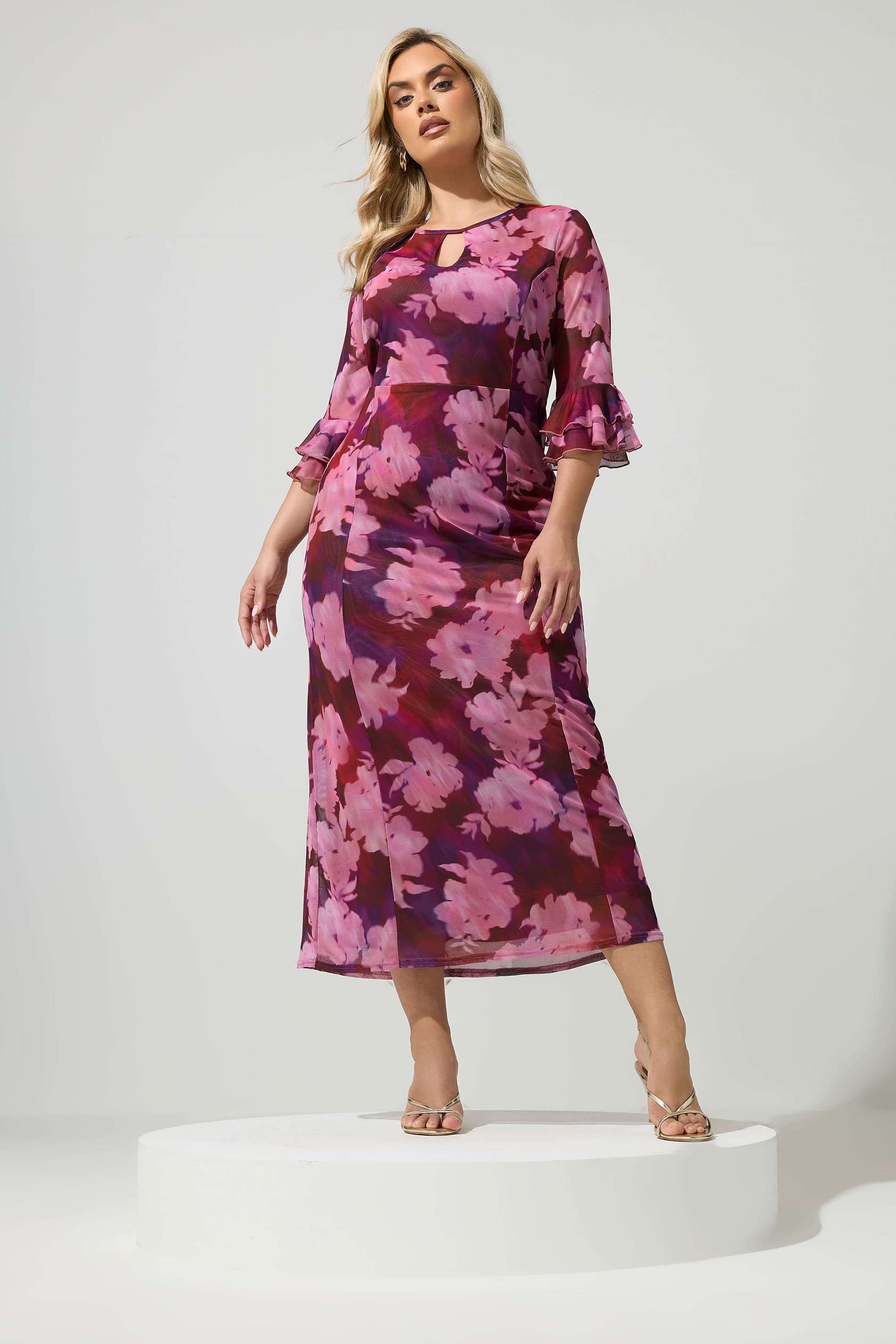 Yours London Plus Size Pink & Red Blurred Floral Keyhole Dress Size 14