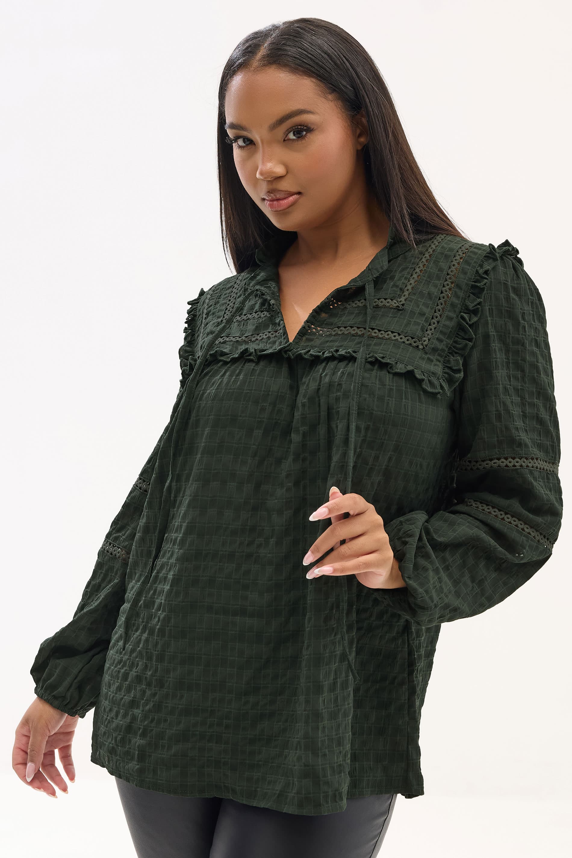 Yours Plus Size Dark Green Textured Crochet Trim Top Size 14