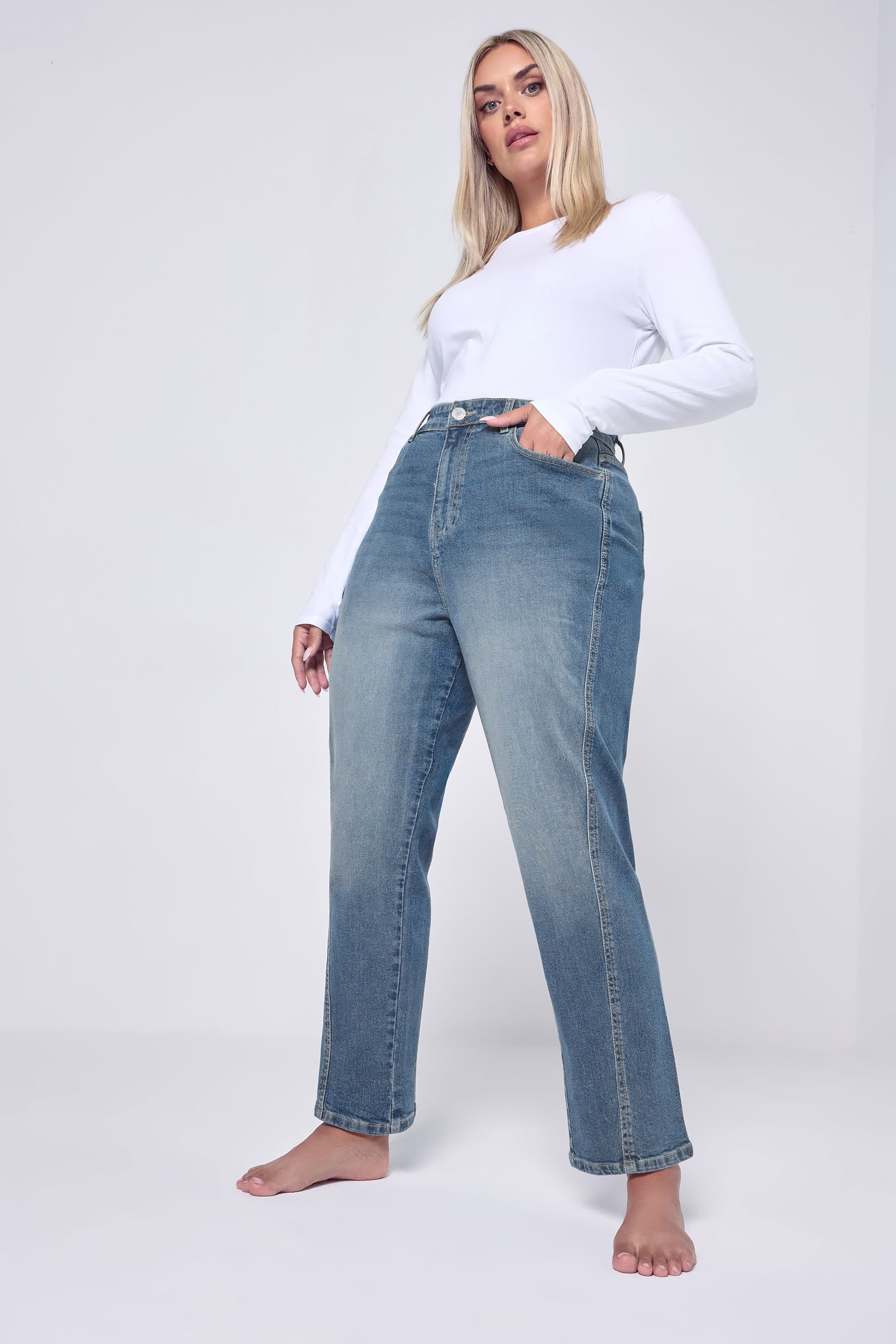 Yours Plus Size Mid Blue Barrel Leg Jeans Size 28