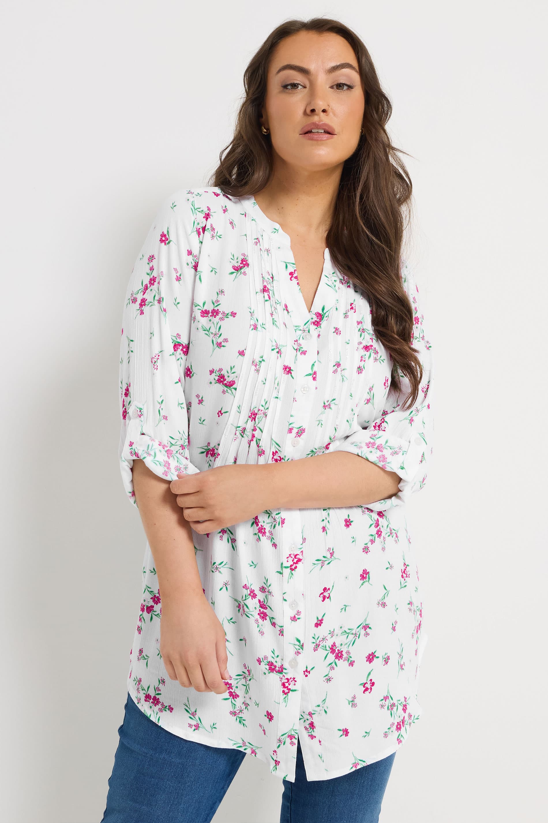 Yours Plus Size White Floral Pintuck Blouse Size 14