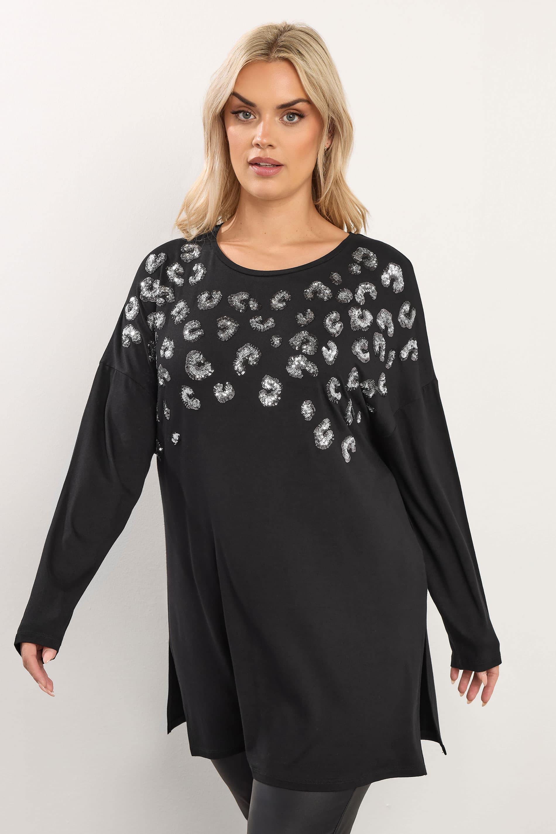 Yours Plus Size Black Leopard Sequin Long Sleeve Top Size 20
