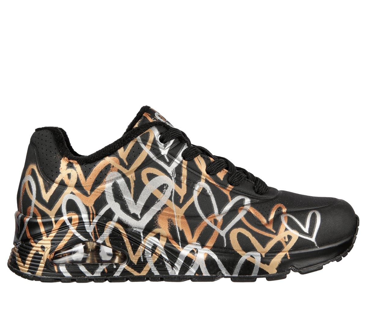 Skechers Women's x JGoldcrown: UNO - Metallic Love Sneaker in Black/Gold, Size 2