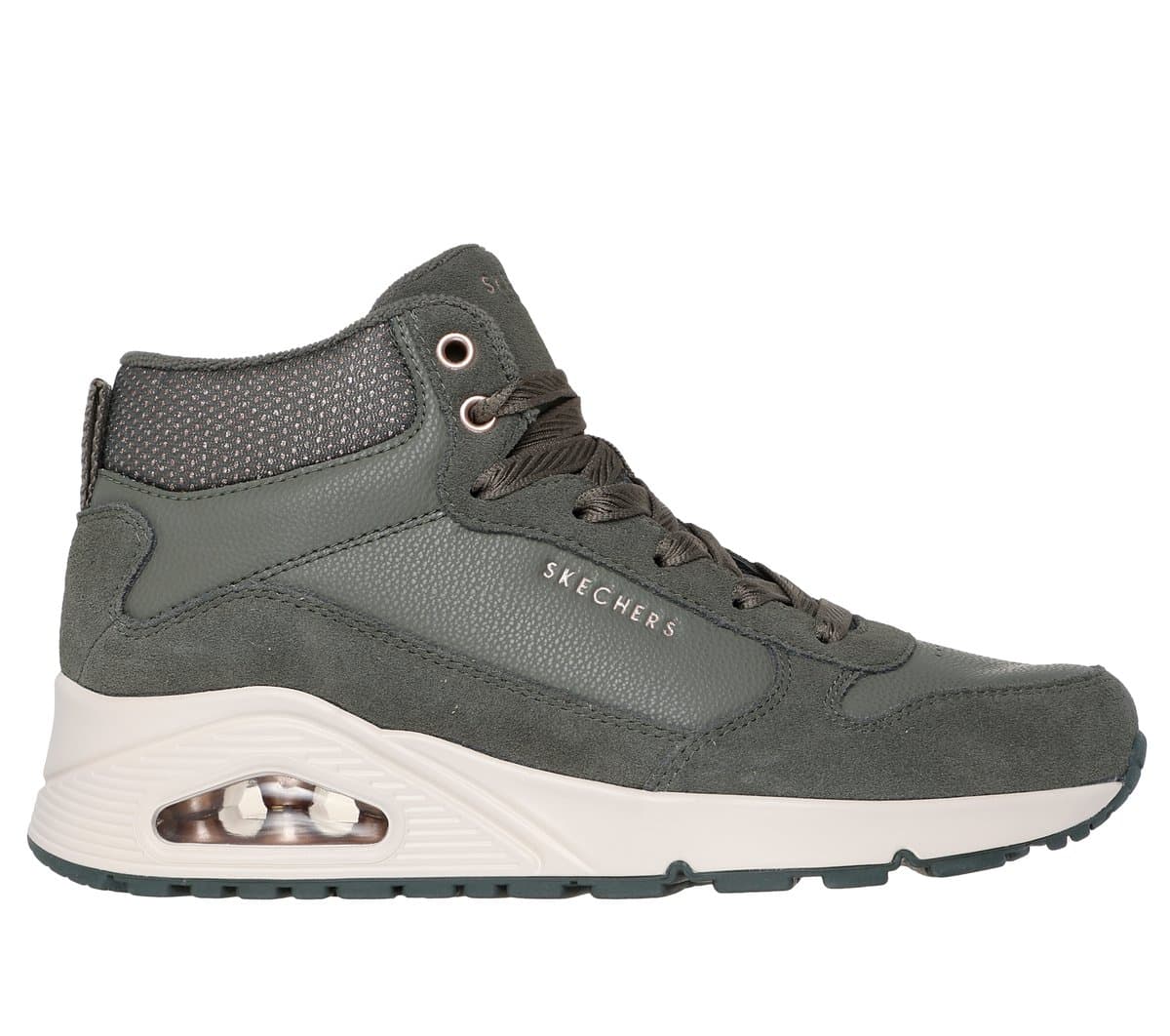 Skechers Women's UNO - Stacre Shine Sneaker in Olive, Size 2