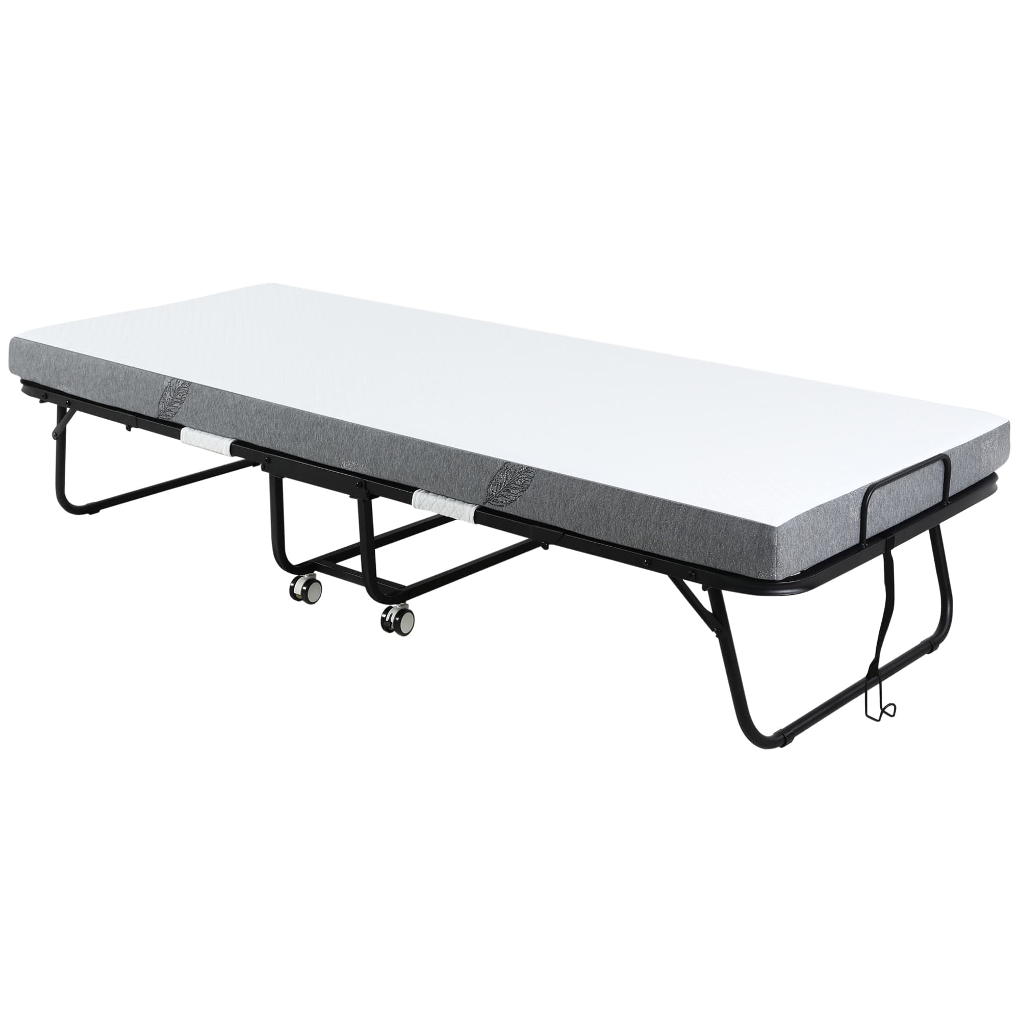 HOMCOM Folding Bed with 10cm Mattress, Portable Foldable Guest Bed with Sturdy Metal Frame on Wheels | Aosom Ireland