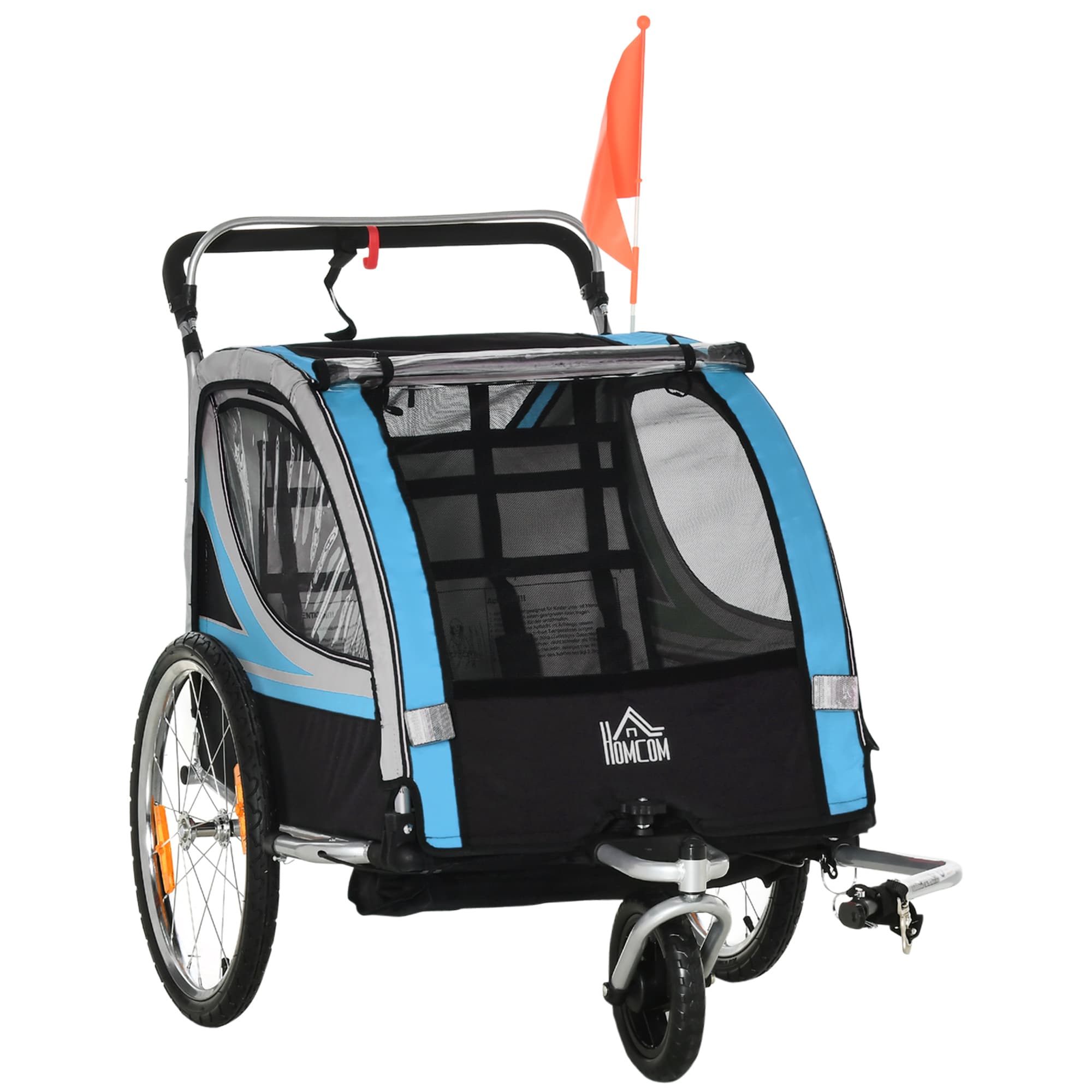 HOMCOM Child Trailer, Stroller, 5-Point Safety Harness, Universal Coupling, Steel, Blue, 142 x 75 x 101 cm | Aosom Ireland