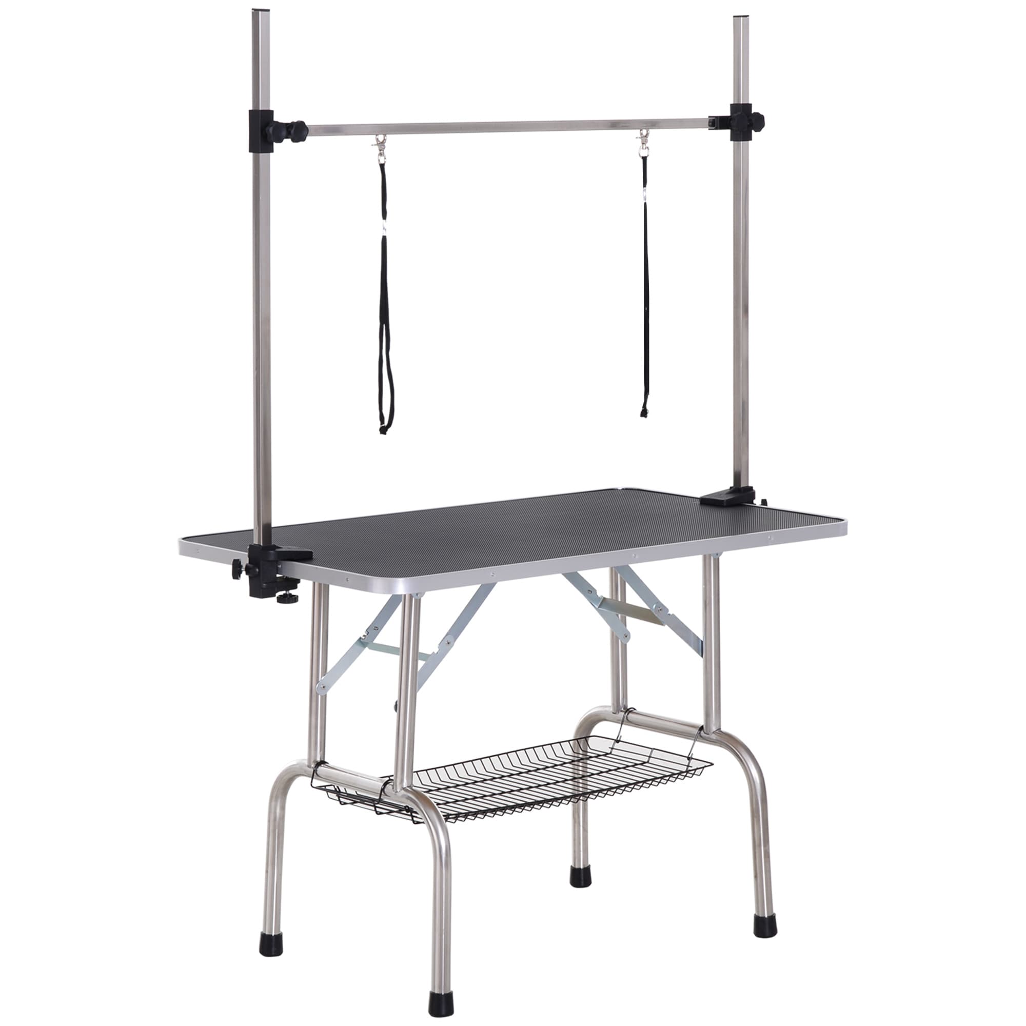 PawHut Adjustable Dog Grooming Table Rubber Top 2 Safety Slings Mesh Storage Basket Heavy Metal Black 107 x 60 x 170cm | Aosom Ireland