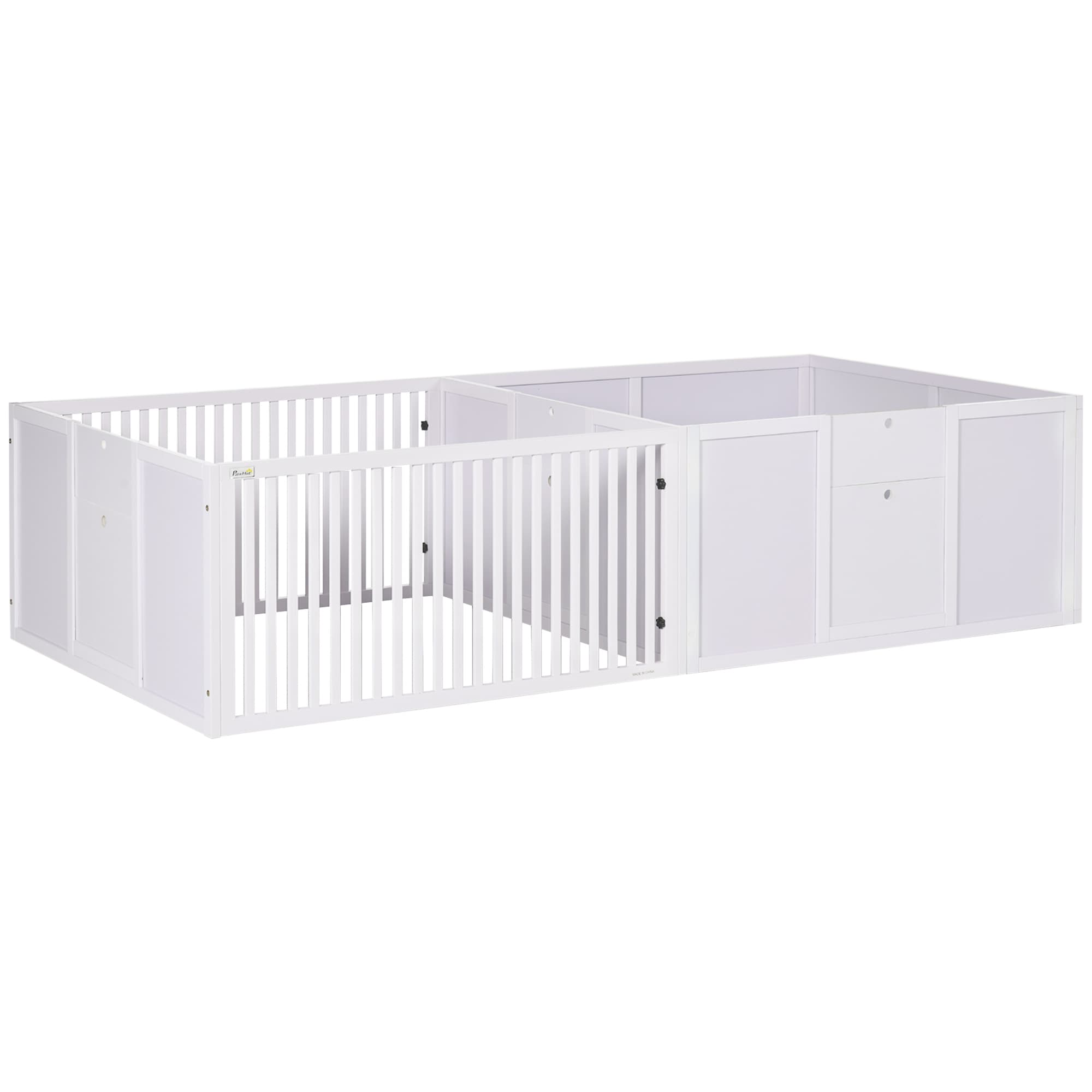 PawHut 7 Panels Playpen with 3 Doors for Baby Dogs, Two-Room Design Puppy Whelping Box - White | Aosom Ireland