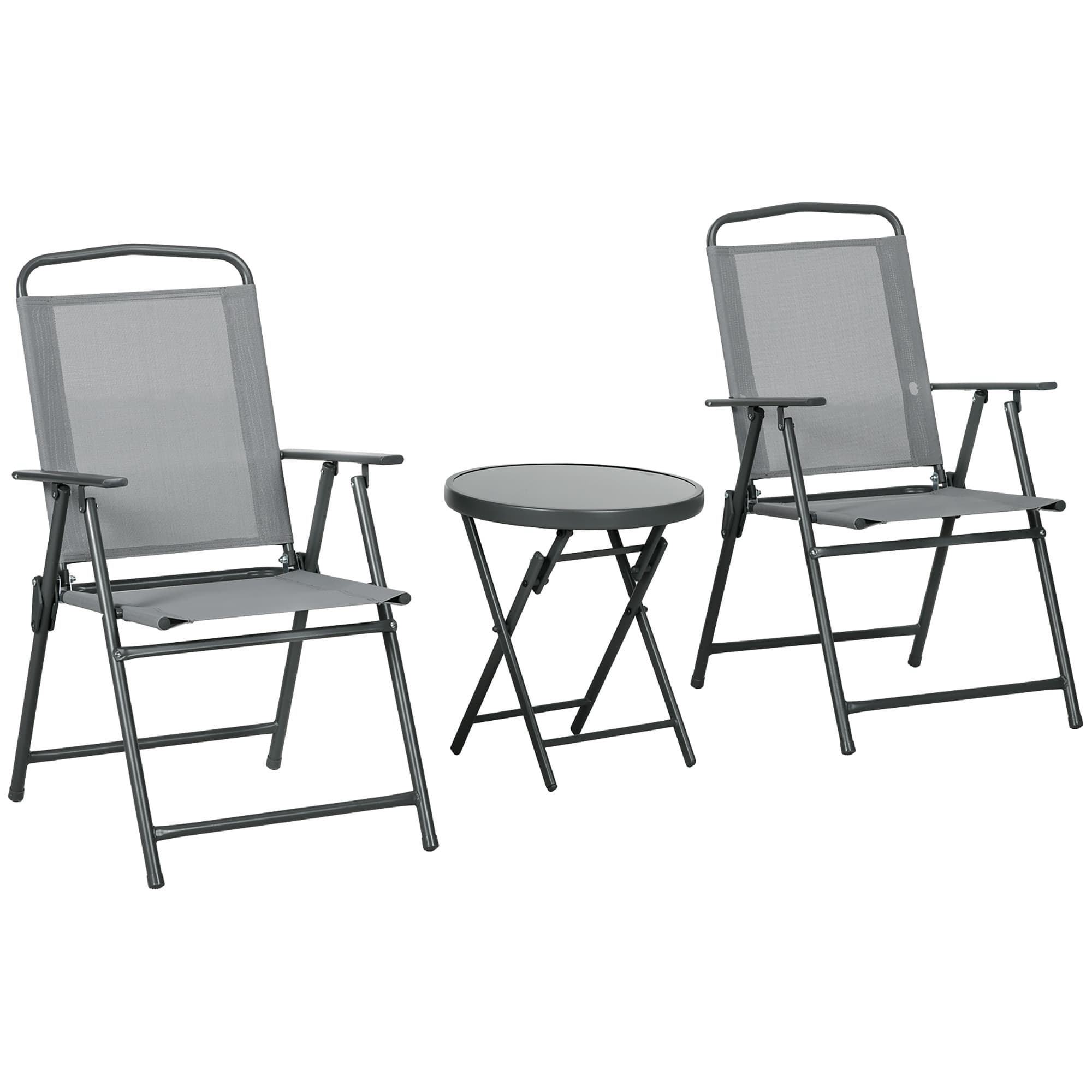 Outsunny 3 Pcs Garden Table and Chairs, Outdoor Bistro Set, Patio Conversation Furniture Set w/ Foldable Armchairs, Glass Top | Aosom Ireland
