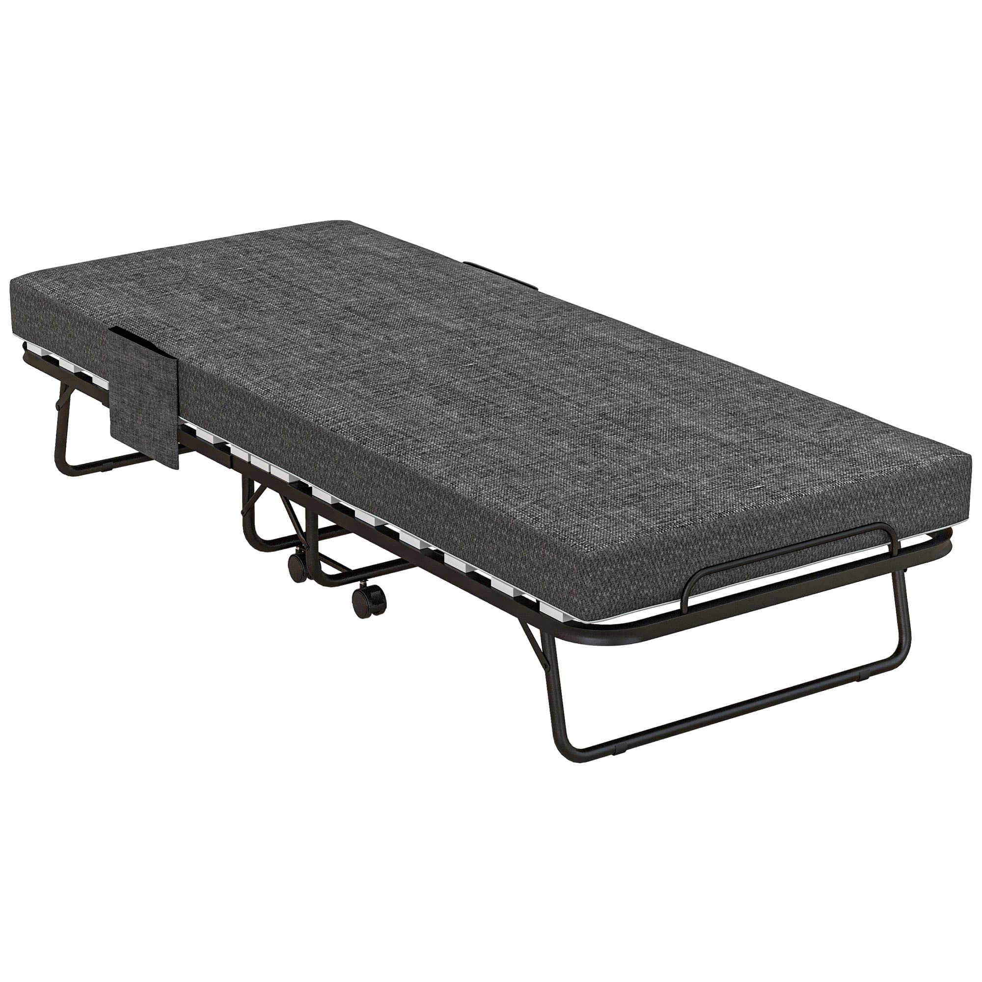 HOMCOM Folding Bed with Mattress, Foldable Guest Bed on Wheels, Portable Single Bed with 10cm Mattress, 190 x 80cm, Dark Grey | Aosom Ireland