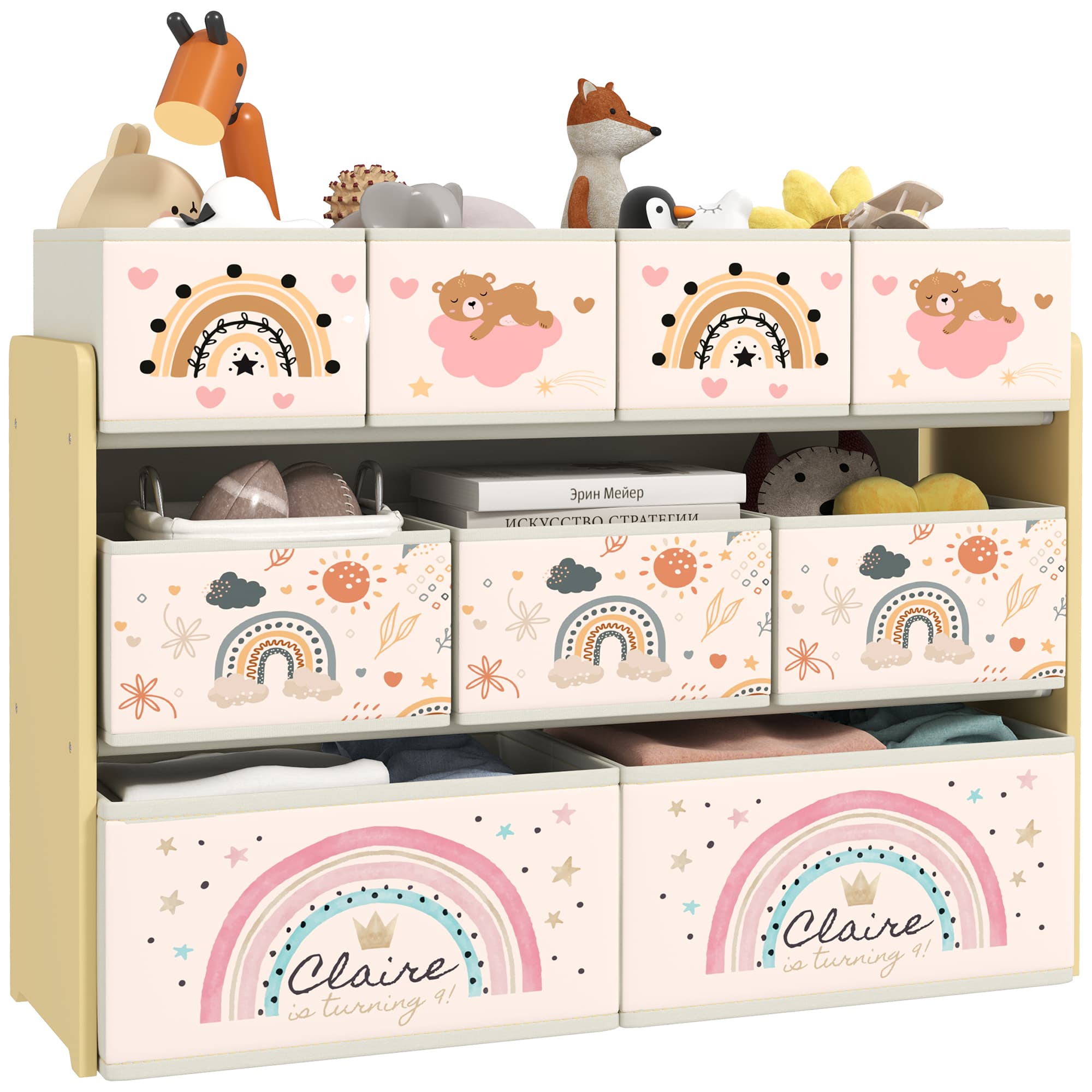 AIYAPLAY 3-Tier Kids Storage Unit with 9 Non-Woven Fabric Boxes for Toys, Books for Bedroom, Nursery, Yellow | Aosom Ireland