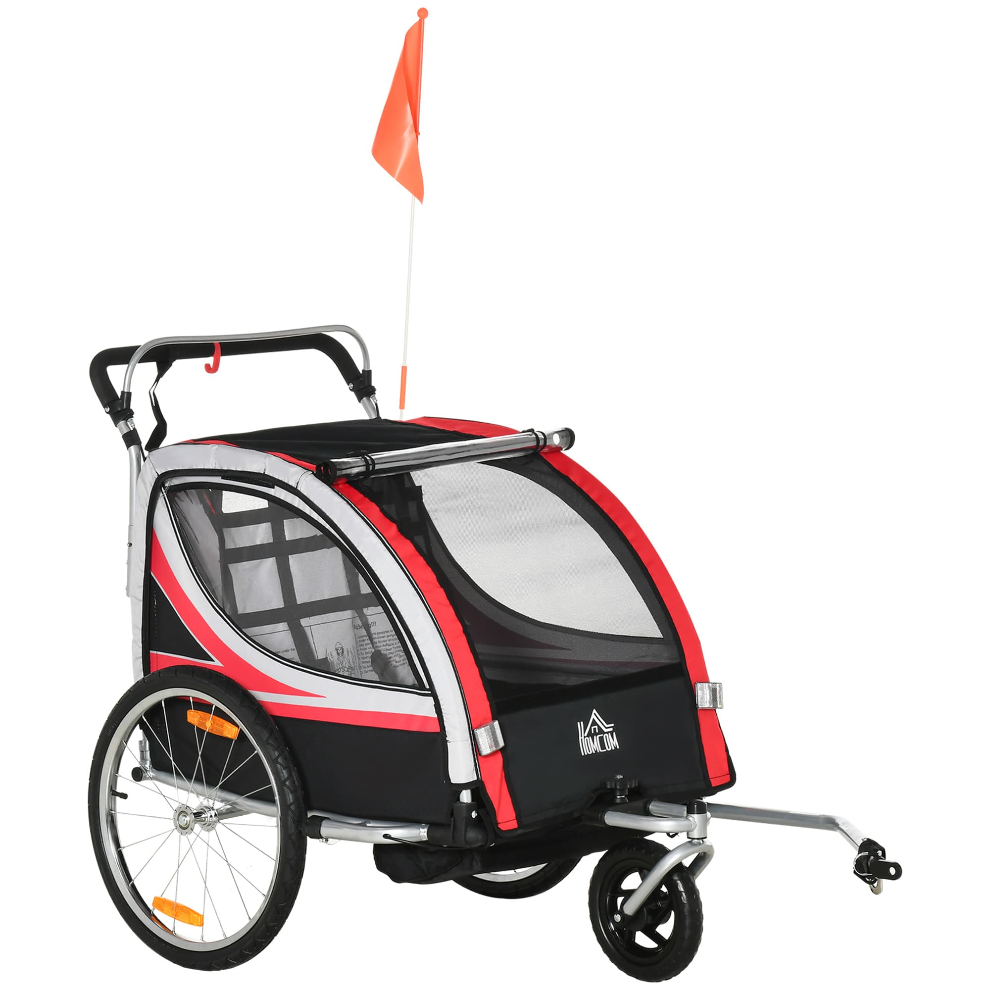 HOMCOM Child Bike Trailer 2 In 1 Baby Stroller 2-Seater Transport Carrier with Brake, 5 Point Harness Red | Aosom Ireland